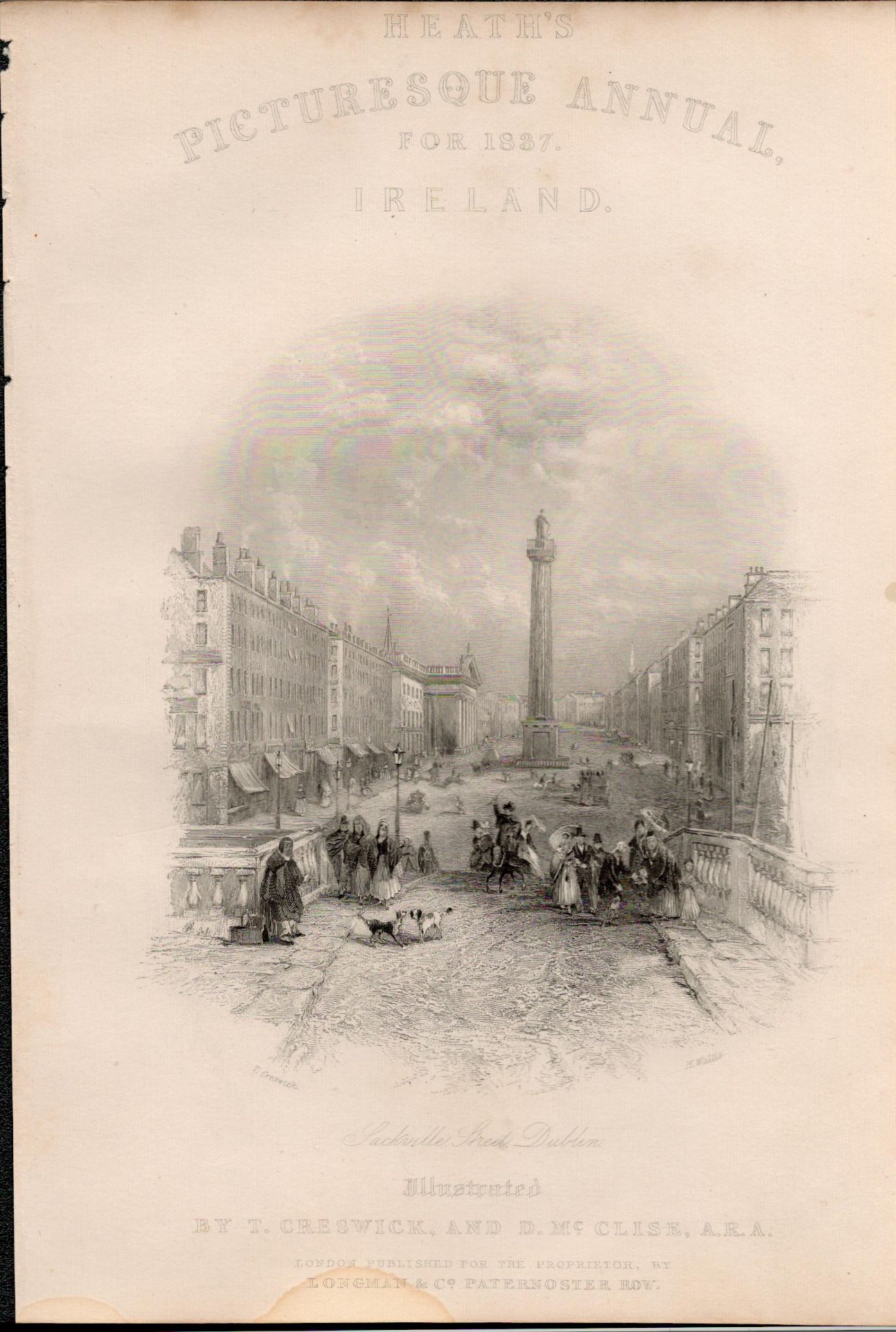 Sackville Street Dublin Victorian Antique 1837-38 Engraving.