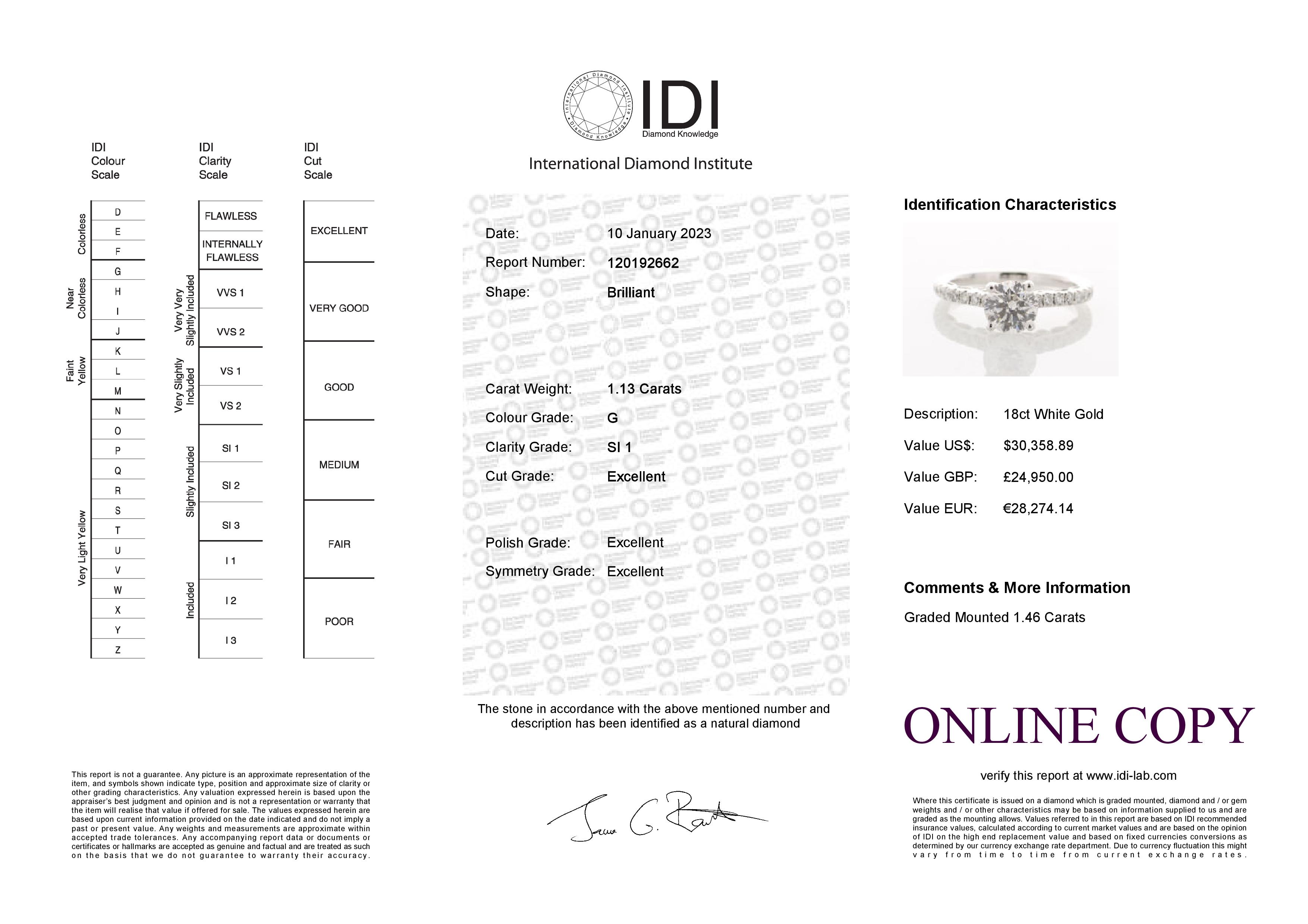 18ct White Gold Single Stone Prong Set With Stone Set Shoulders Diamond Ring (1.13) 1.46 Carats - Image 6 of 6