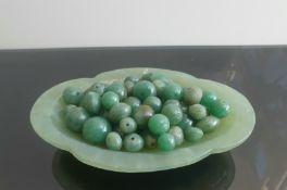 Serpentine Type Jade Dish With The 50 Old Hardstone Beads