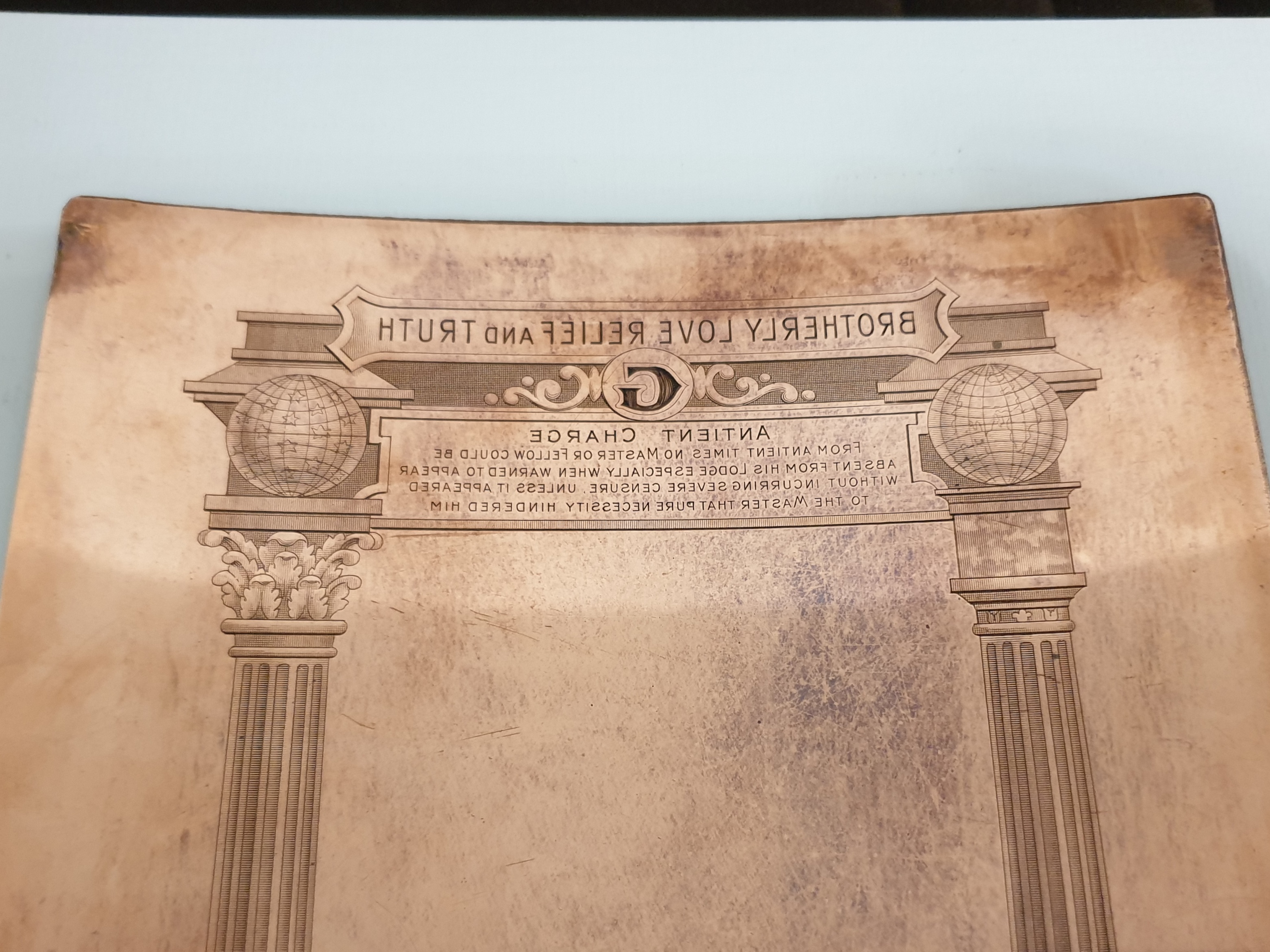 Masonic Copper Engraved Printing Matrix Plate, Brotherly Love Relief and True - Image 2 of 5