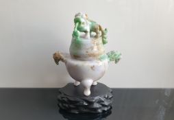 An Early Carved Lavender Jadeite / Jade Tripod Incense Burner On A Wooden Stand