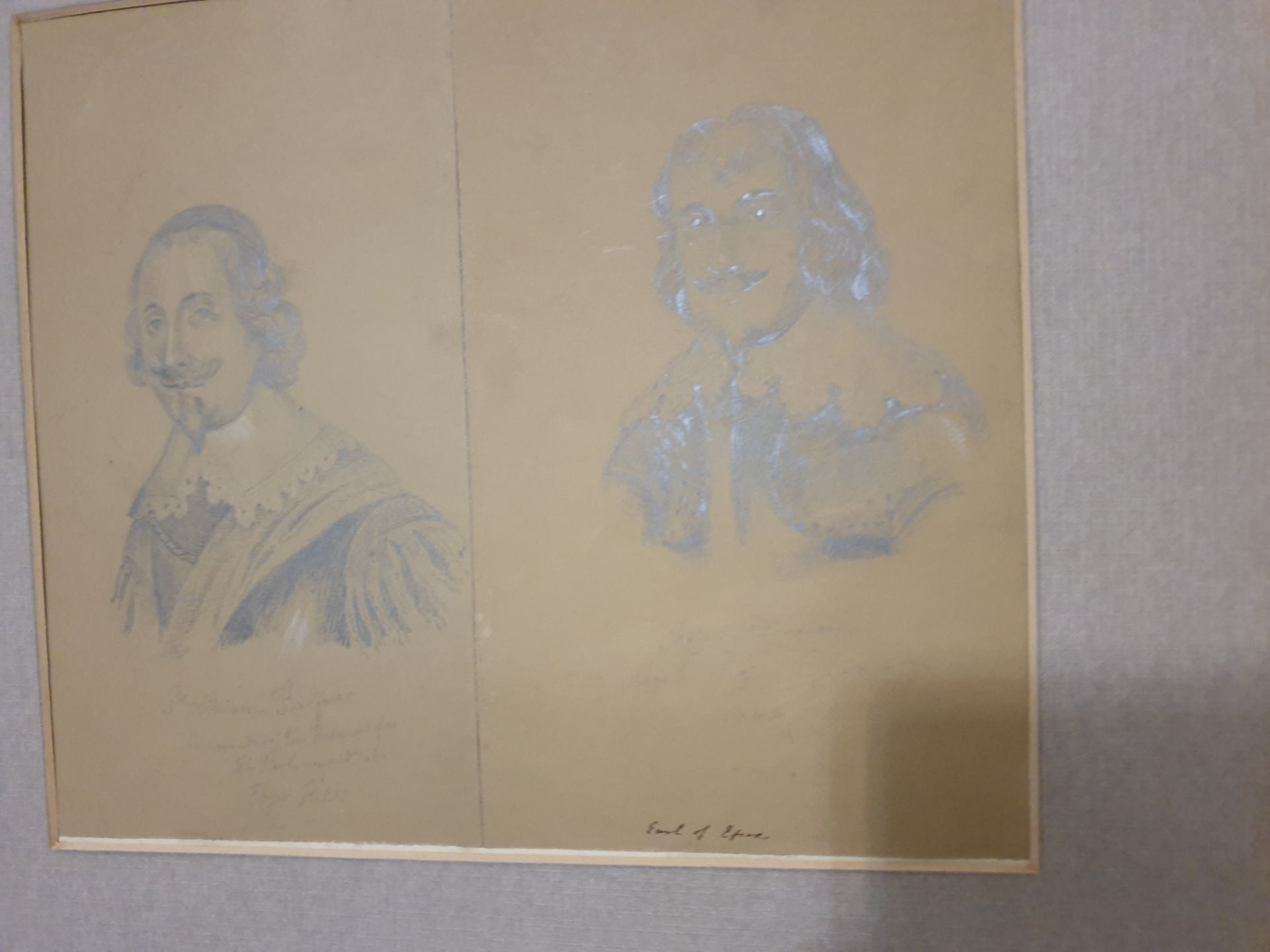 Two Antique Pencil Drawings Framed As One Painting - Image 4 of 9