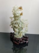 Russet and Celadon Grey Jade / Nephrite Carved Bird Family Vase On The Wooden Stand