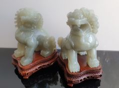 Celadon Grey Jade / Nephrite / Hardstone Carved Foo Dog Sculptures On The Wooden Stands