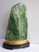 Beautiful Green Colour Free Form Nephrite Jade Sculpture With Wooden Stand, Gold Gilded