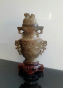 Taotie Mask Decorated Brown / Mutton White Jade / Nephrite Carved Vase On A Wooden Stand