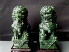 Green Nephrite / Spinach Jade Carved Foo Dogs On Wooden Stands With The Invoice From Qatar 1975