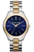 Michael Kors MK3479 Ladies Slim Runway Watch Two Tone Stainless Steel Blue Dial Quartz Watch