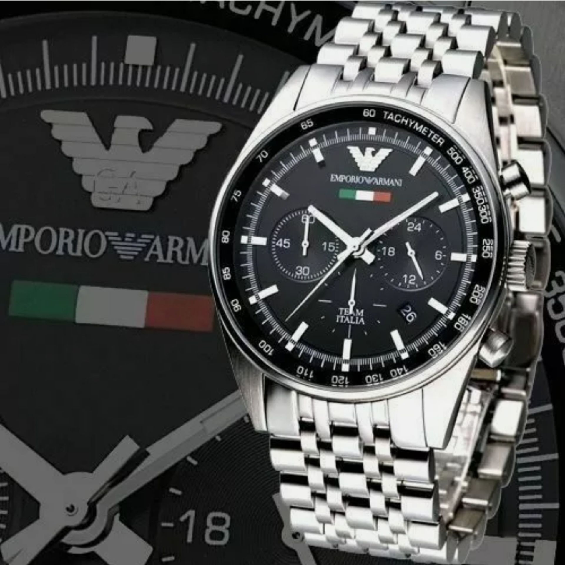 Men's Emporio Armani AR5983 Quartz Black Dial Stainless Steel Chronograph Watch - Image 2 of 6