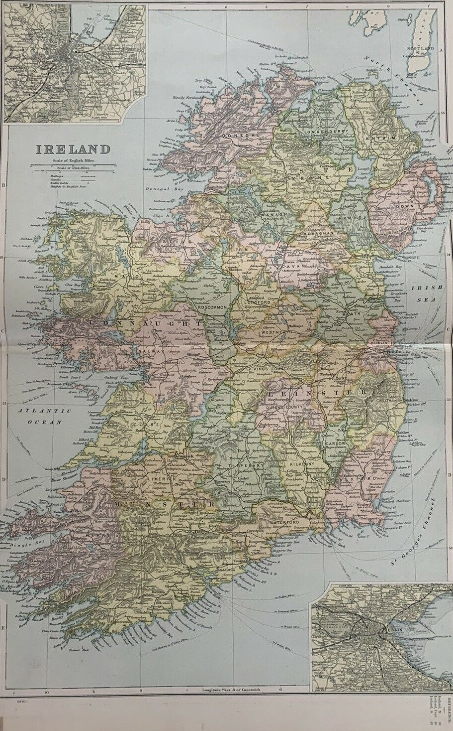 Ireland 32 Counties Large Coloured Victorian Map GW Bacon 1899.