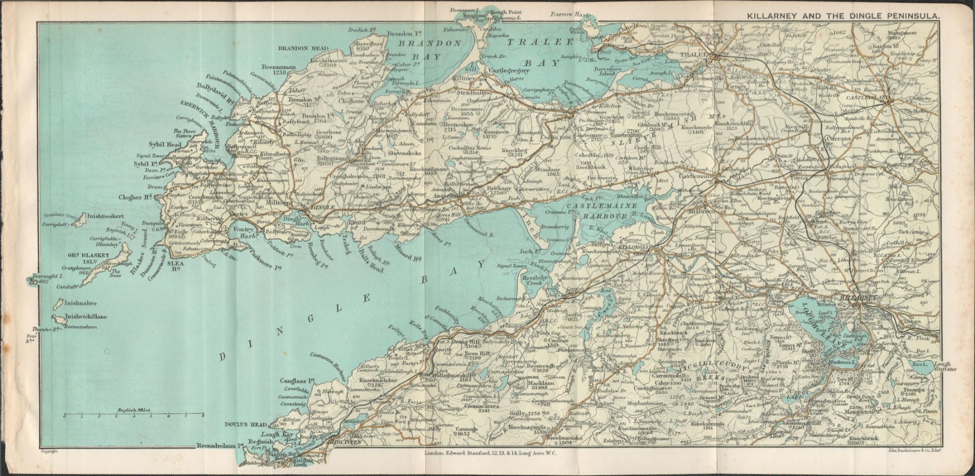 Killarney & The Dingle Peninsula Detailed Antique Coloured Map.