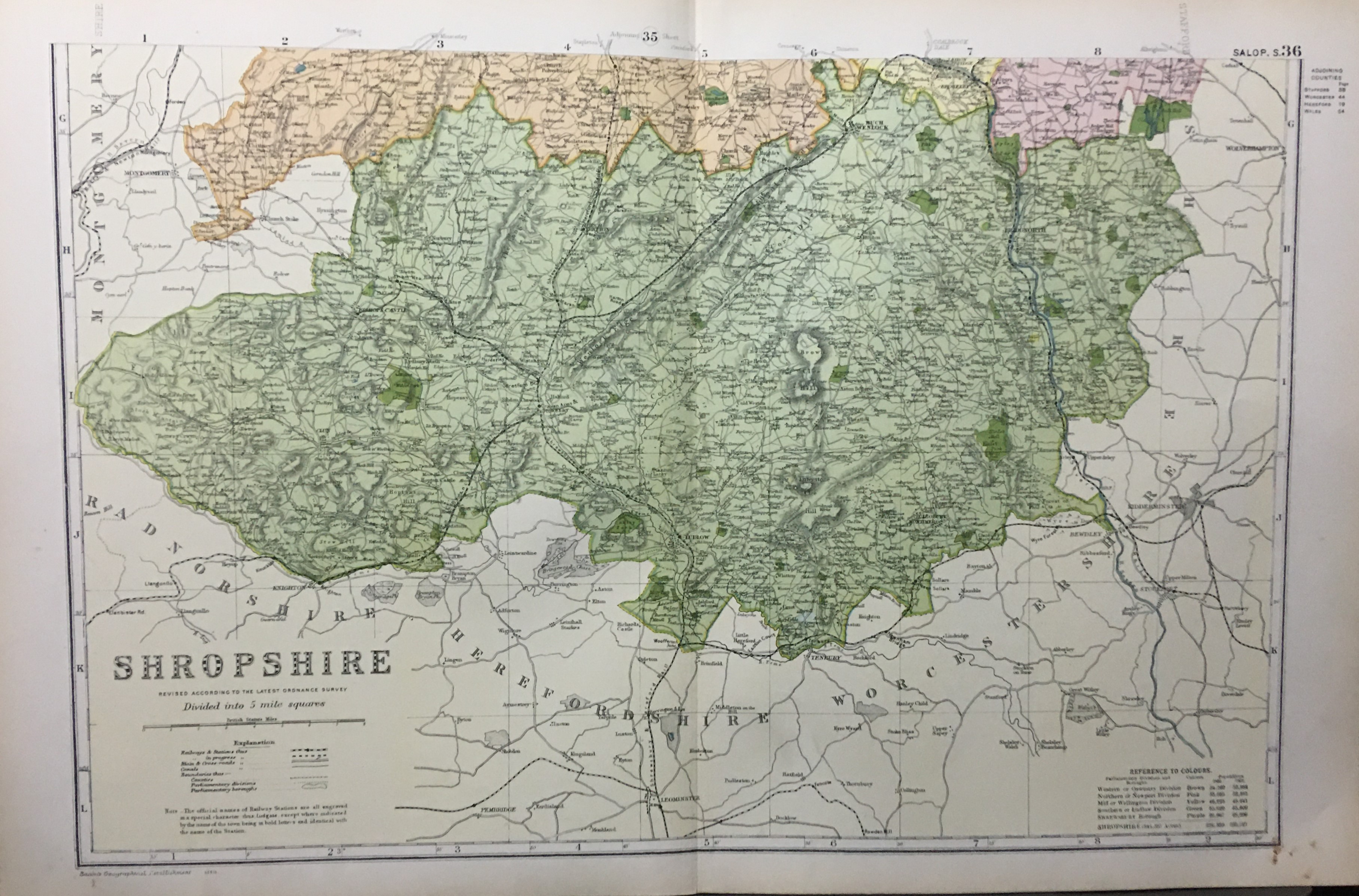 Coloured Antique Large Map Shropshire GW Bacon 1904.