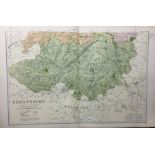 Coloured Antique Large Map Shropshire GW Bacon 1904.