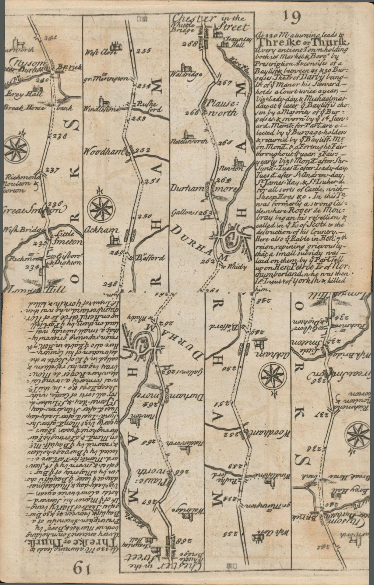 Britannia Depicta E Bowen c1730 Map Arms of the City of Durham & Newcastle.