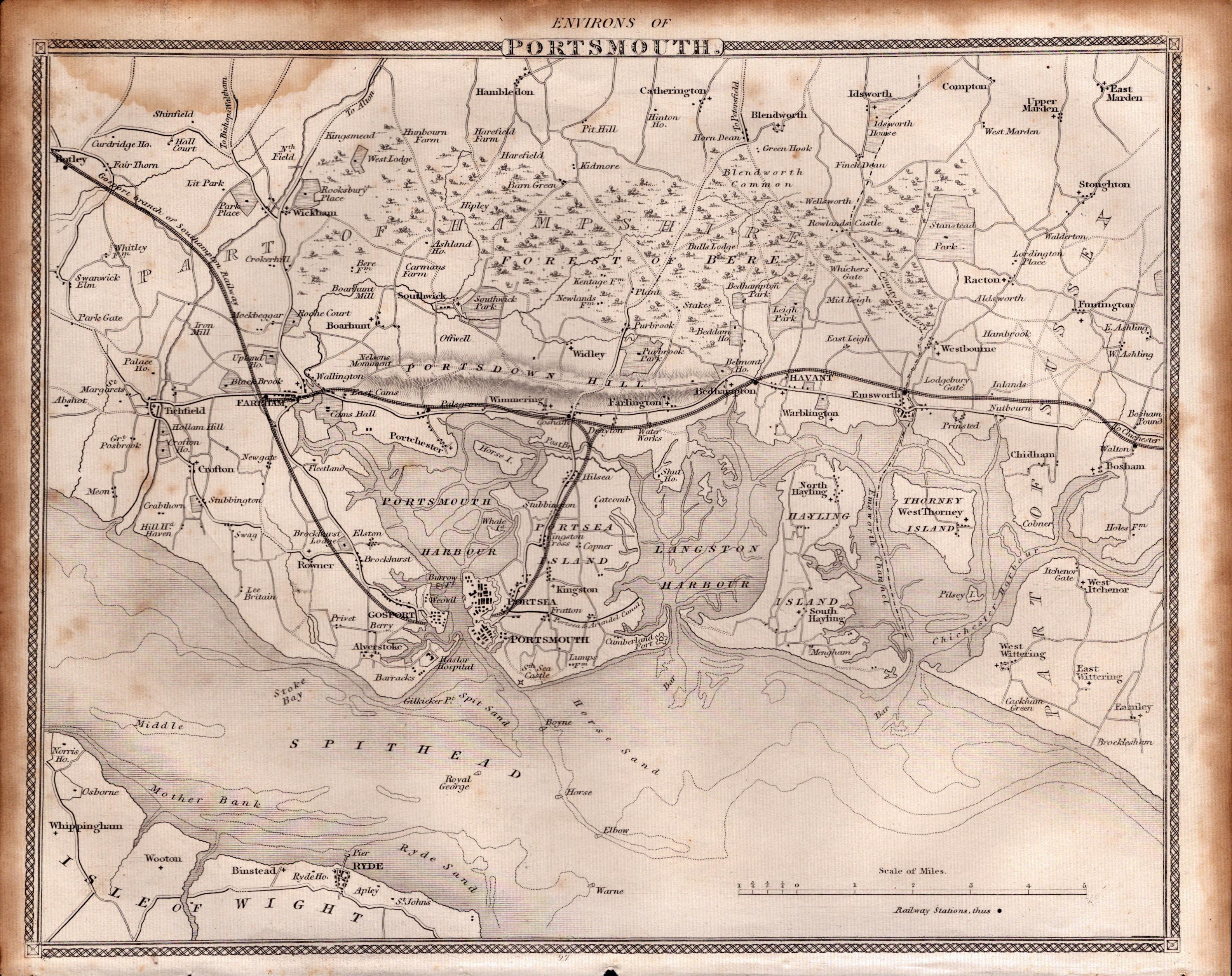 Environs Of Portsmouth Steel Engraved c1850 Victorian Map.