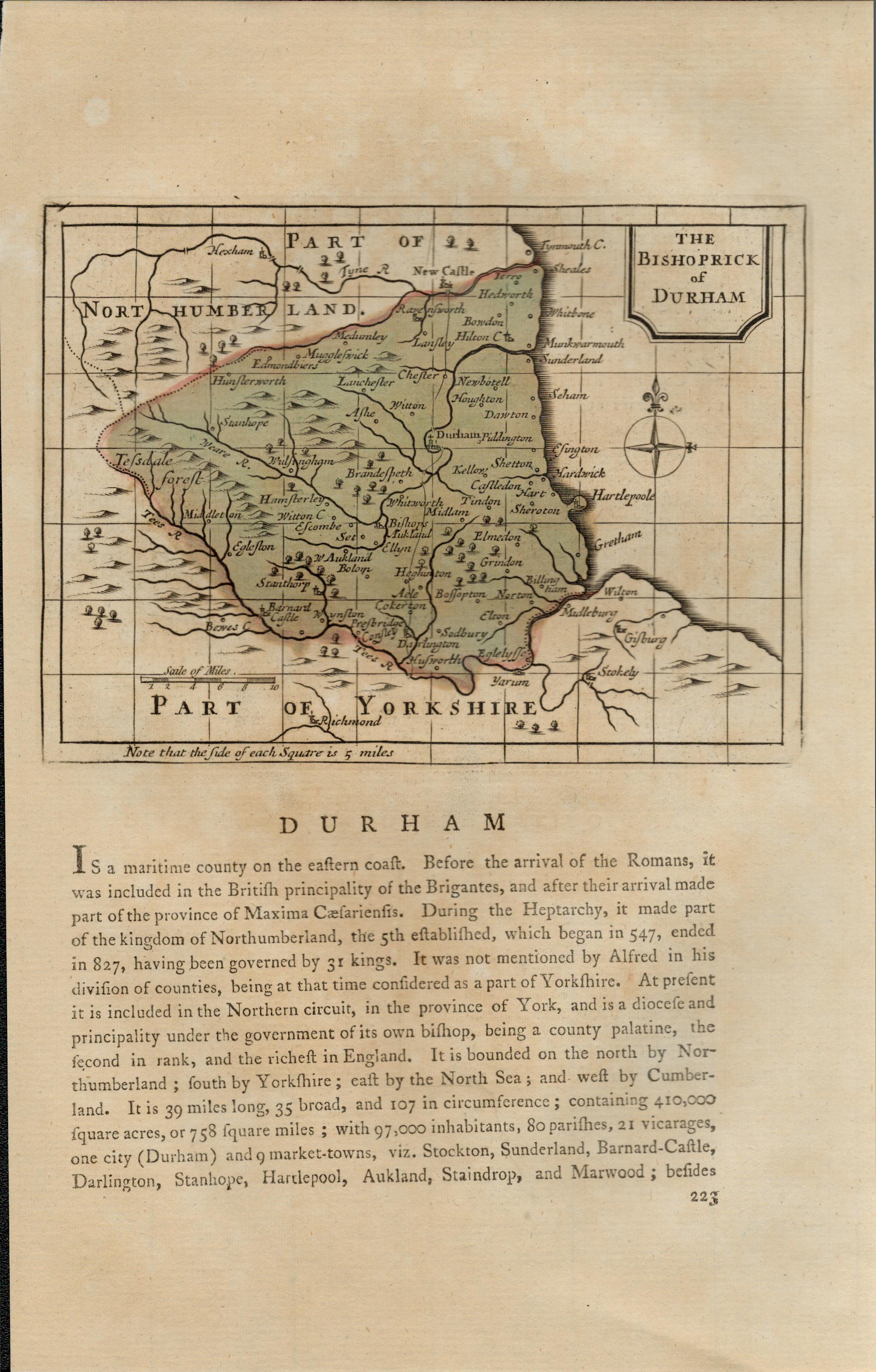 Durham Rare Antique 1783 F Grose Copper Plate Hand Coloured County Map.