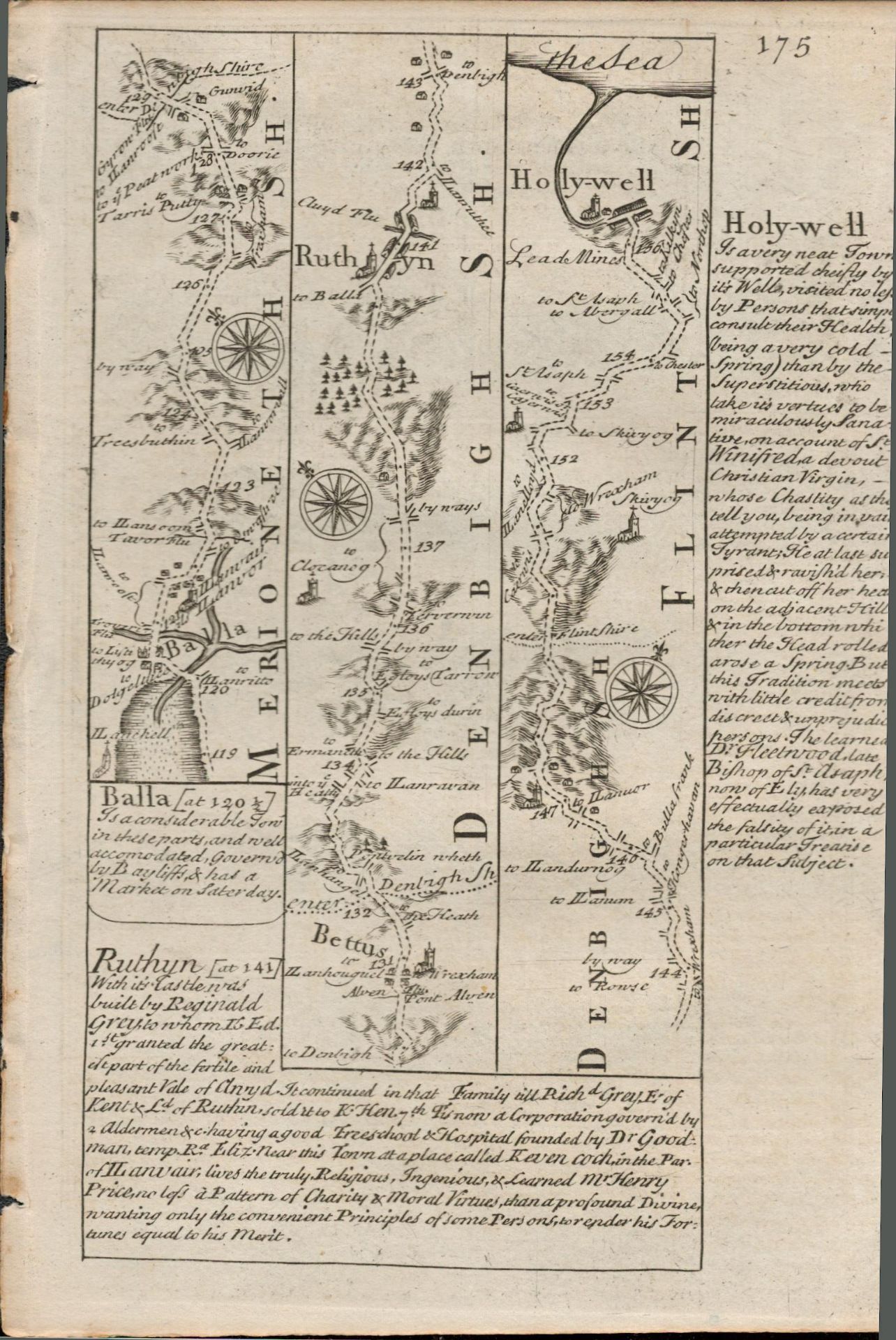 Britannia Depicta E Bowen c1730 Map Wales Denbighshire Flintshire Etc. - Image 2 of 2