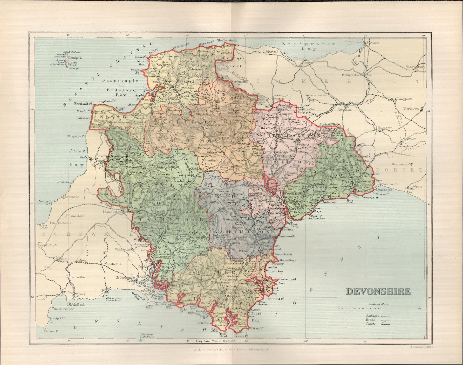 Devonshire Detailed Victorian 1894 Coloured Antique Map.