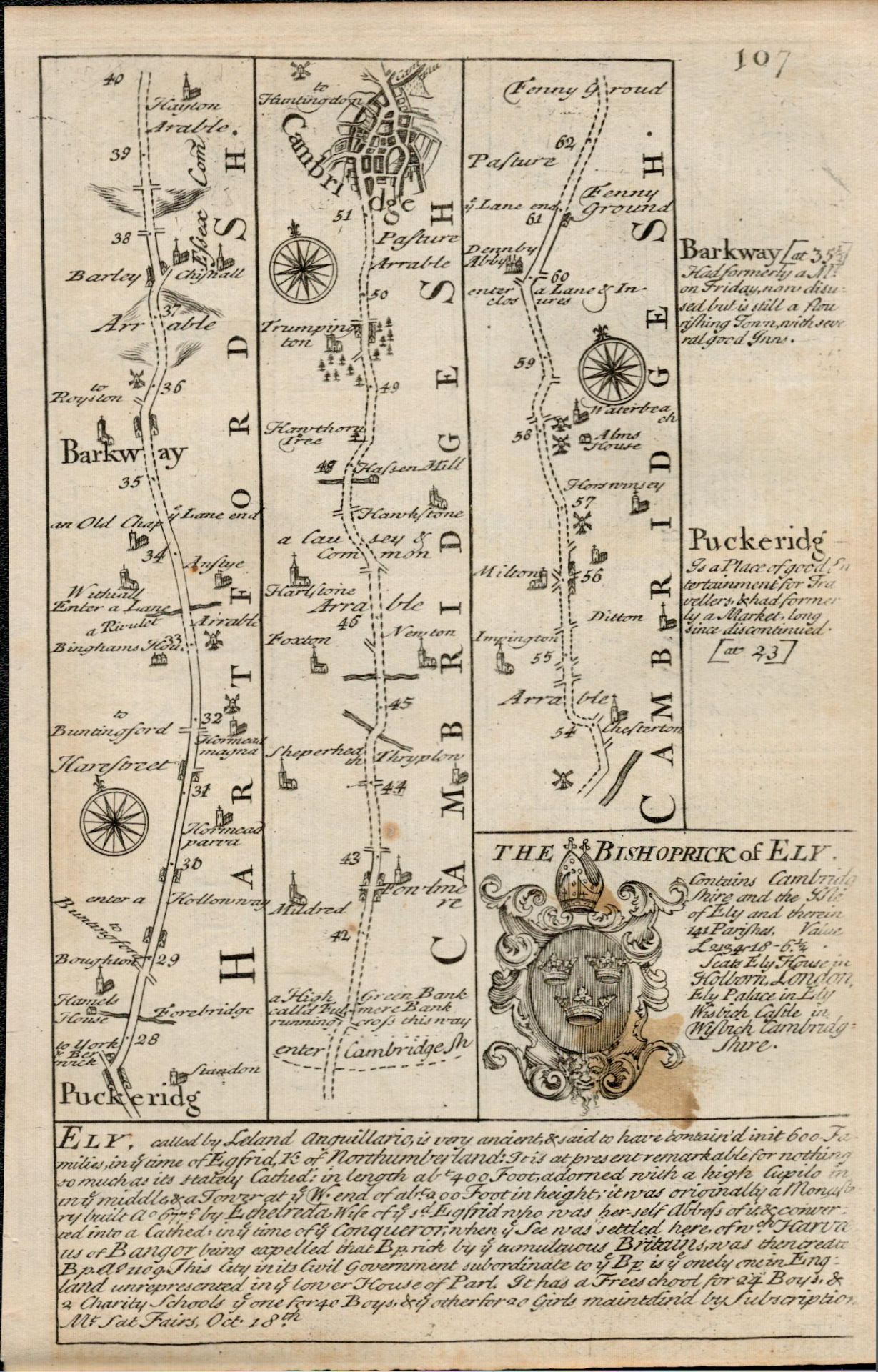 Britannia Depicta E Bowen c1730 Map Puckeridge, Cambridge, Ely, Downham, Kings Lynn. - Image 2 of 2