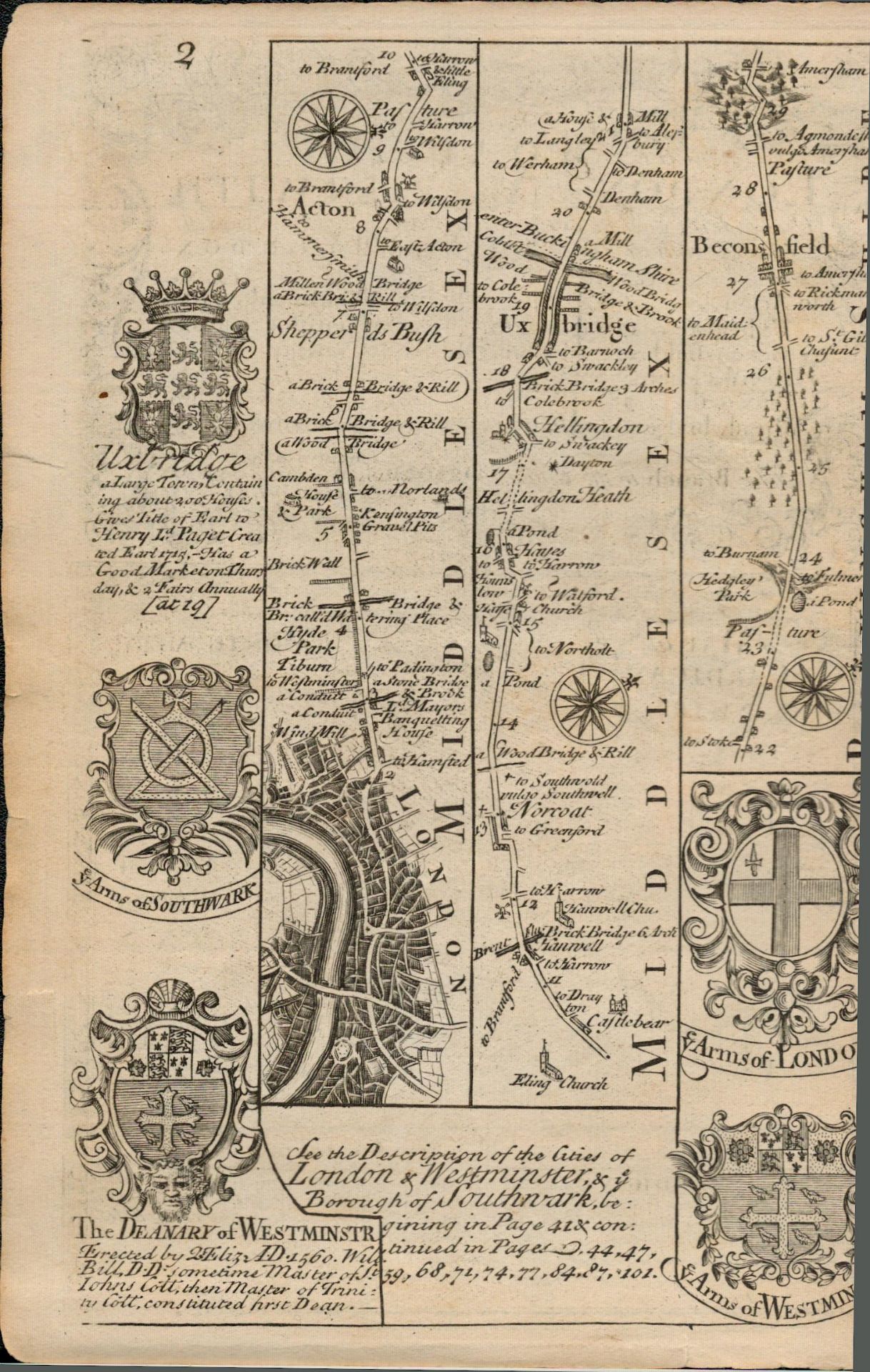 Britannia Depicta E Bowen c1730 Map London Tiburn Camden Shepherds Bush Acton. - Image 2 of 2