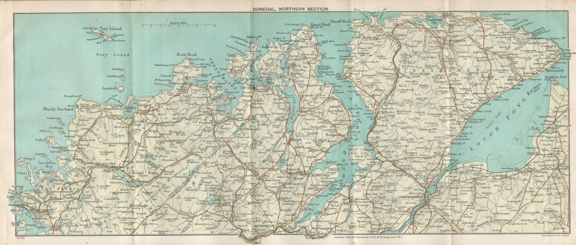 Donegal Northern County Section Detailed Antique Coloured Map.