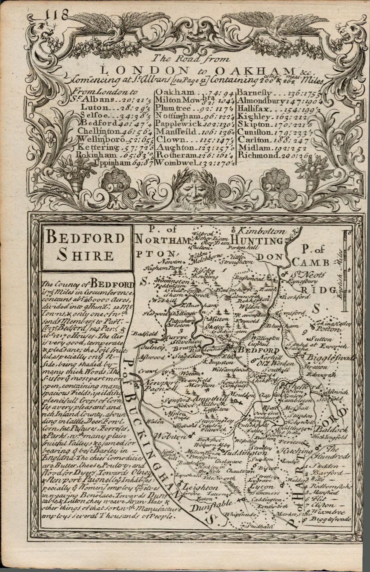 Britannia Depicta E Bowen c1730 Map Bedford Biggleswade Ampthill Woburn.