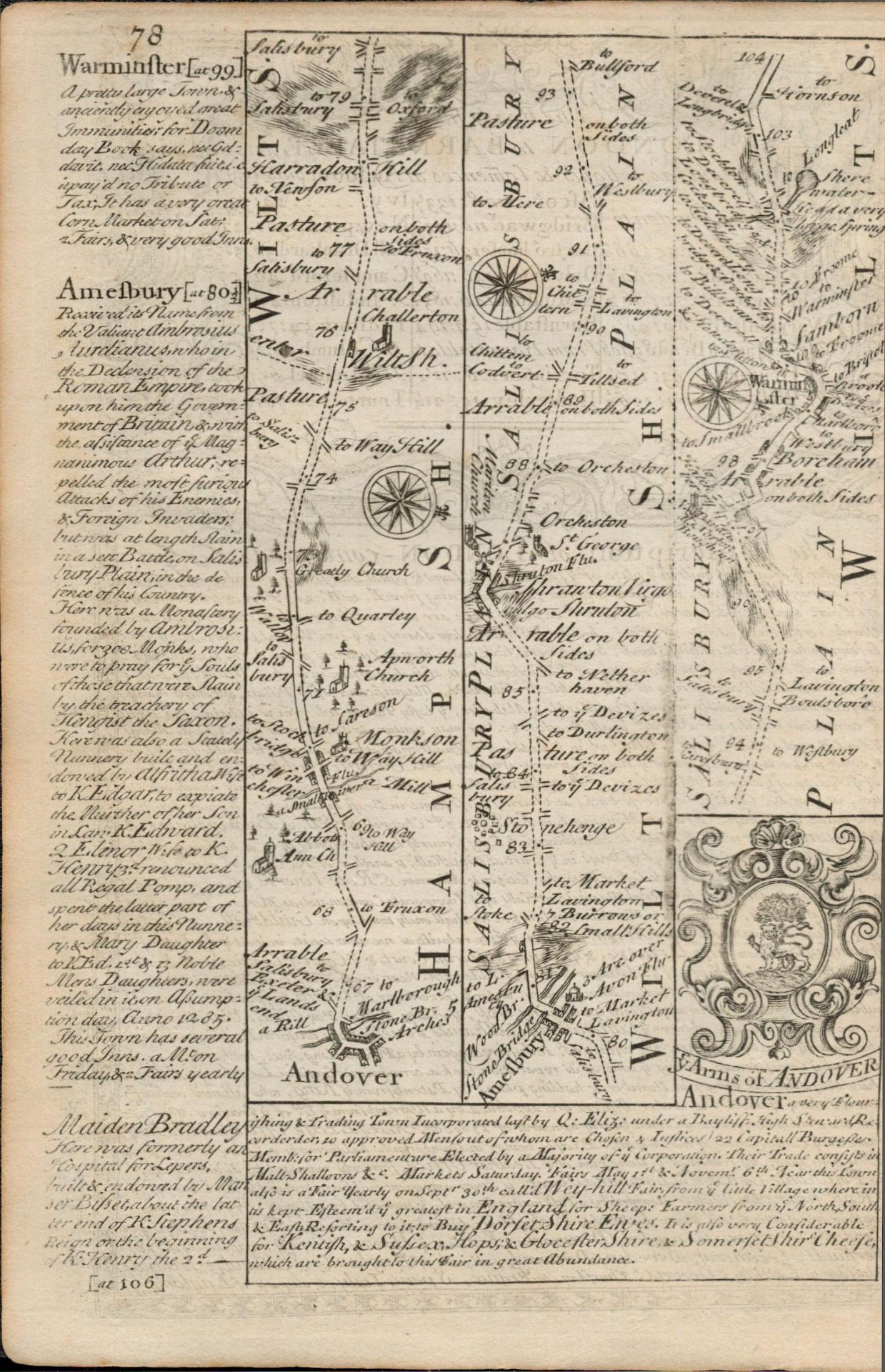 Britannia Depicta E Bowen c1730 Map London, Amesbury, Warminster Salisbury. - Image 2 of 2