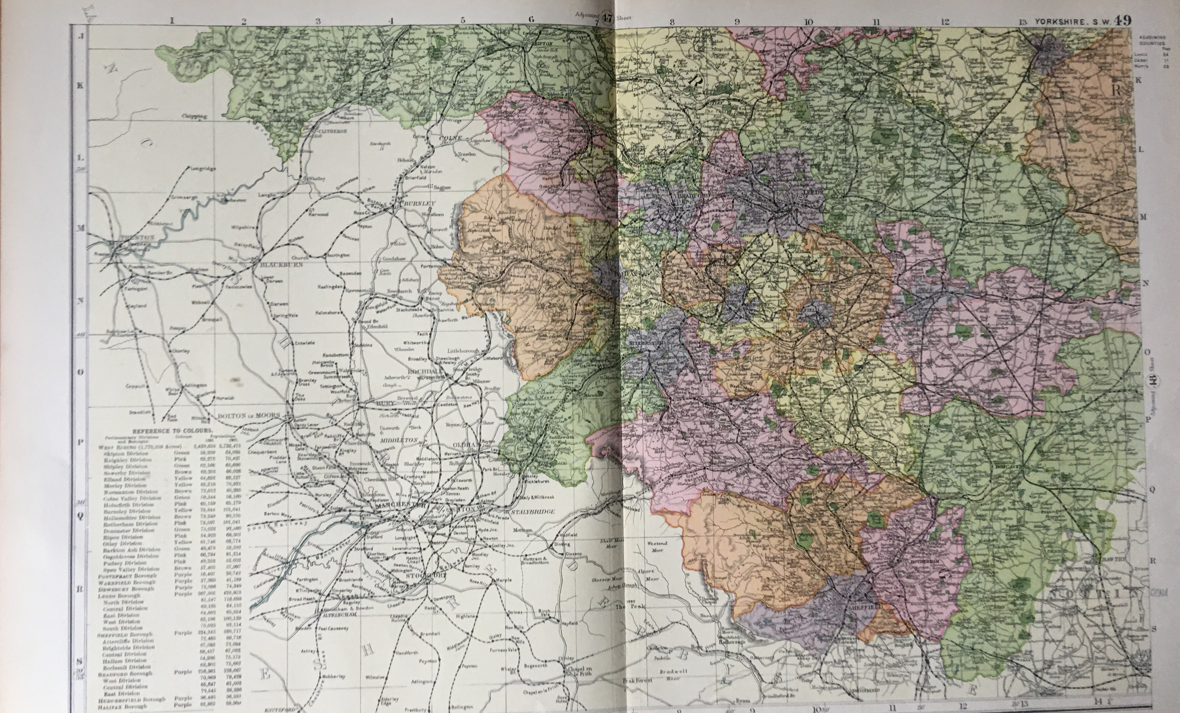 Coloured Antique Large Map Yorkshire South West GW Bacon 1904