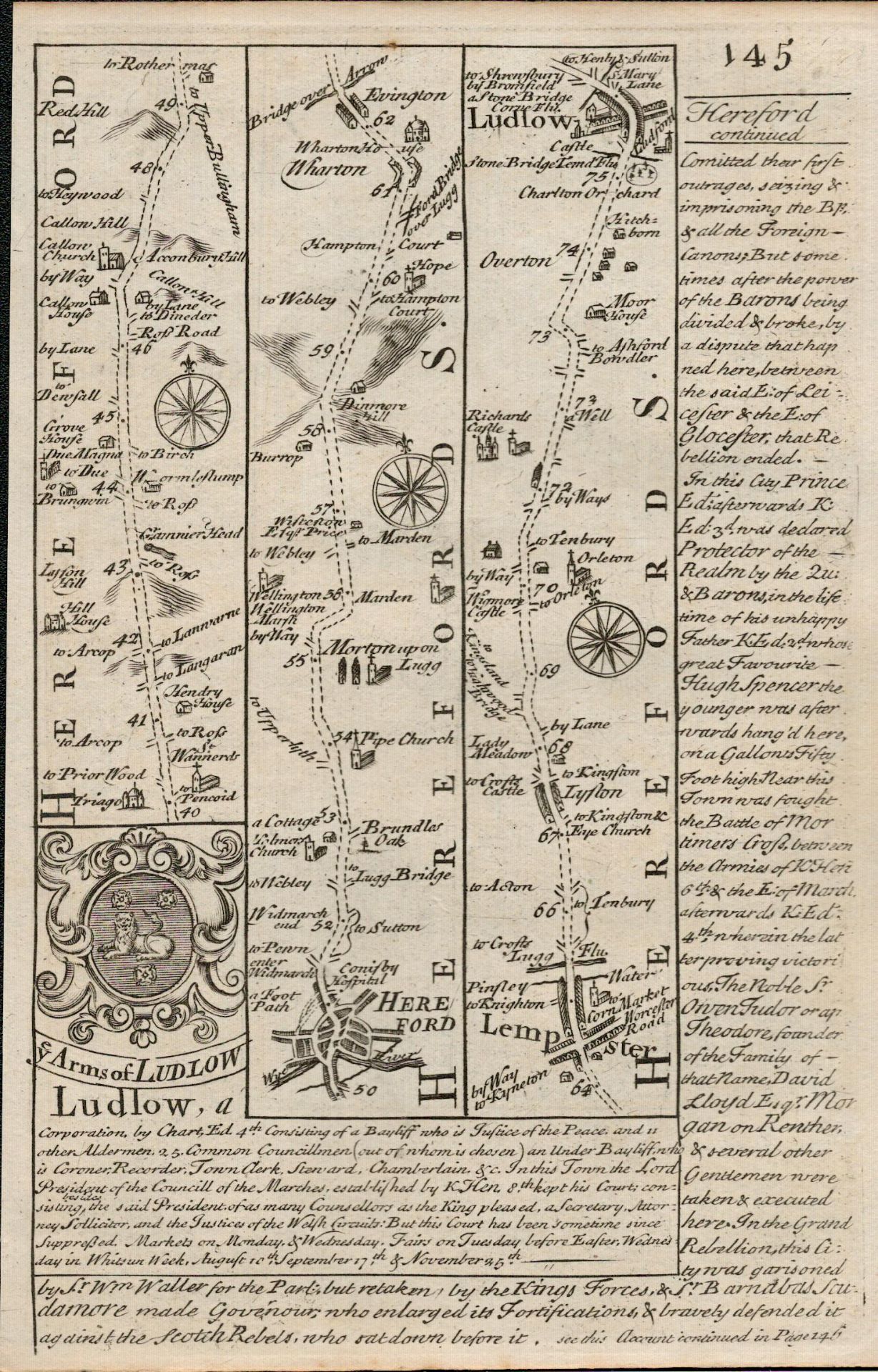 Britannia Depicta E Bowen c1730 Map Hereford, Leominster, Ludlow, Shrewsbury.