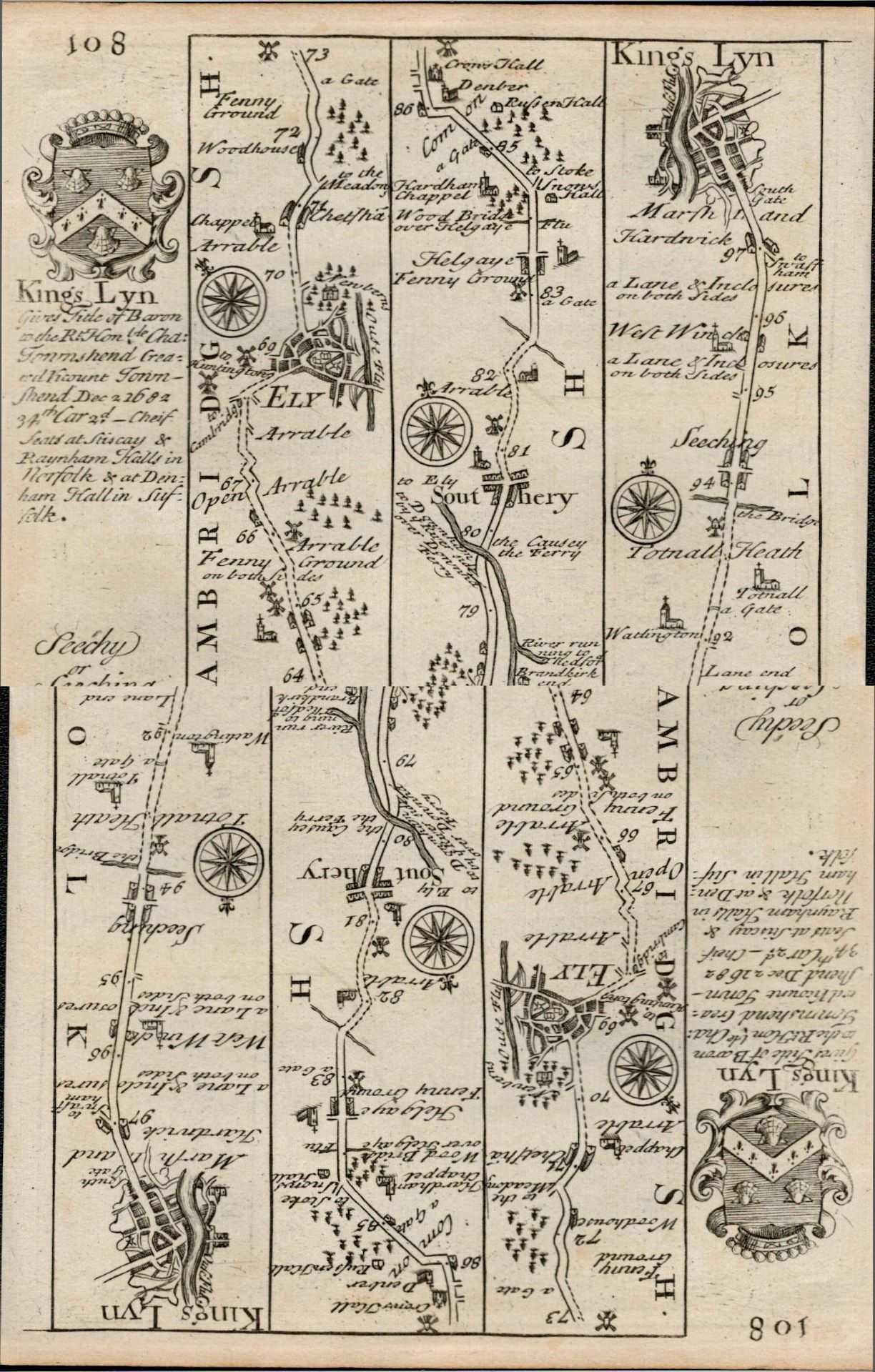 Britannia Depicta E Bowen c1730 Map Puckeridge, Cambridge, Ely, Downham, Kings Lynn.