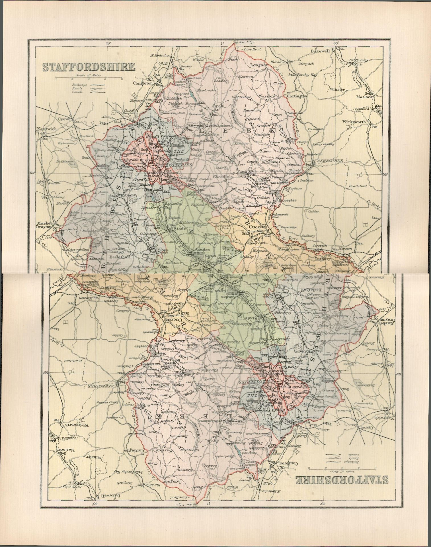 Staffordshire Detailed Victorian 1894 Coloured Antique Map.