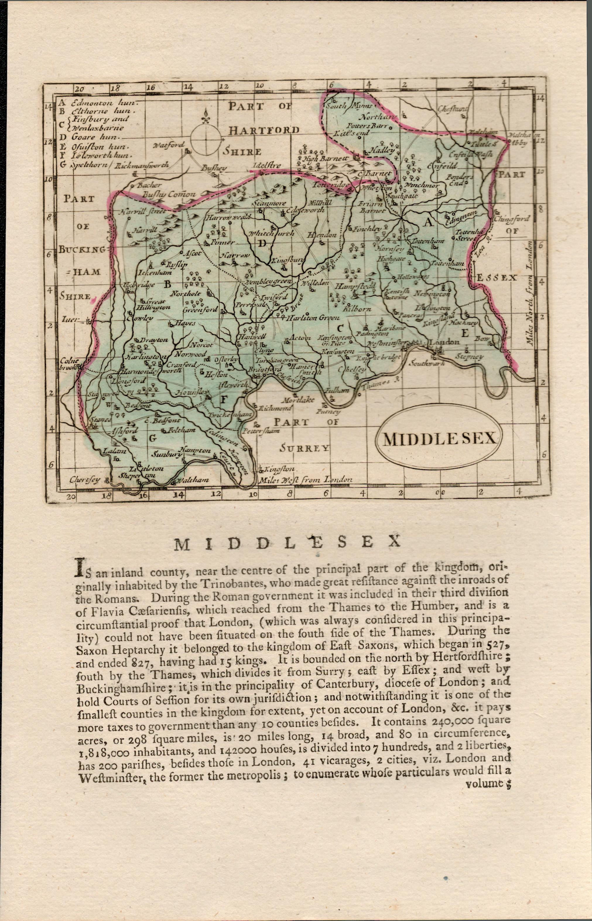 Middlesex 1783 F Grose Copper Hand Coloured Plate County Map.