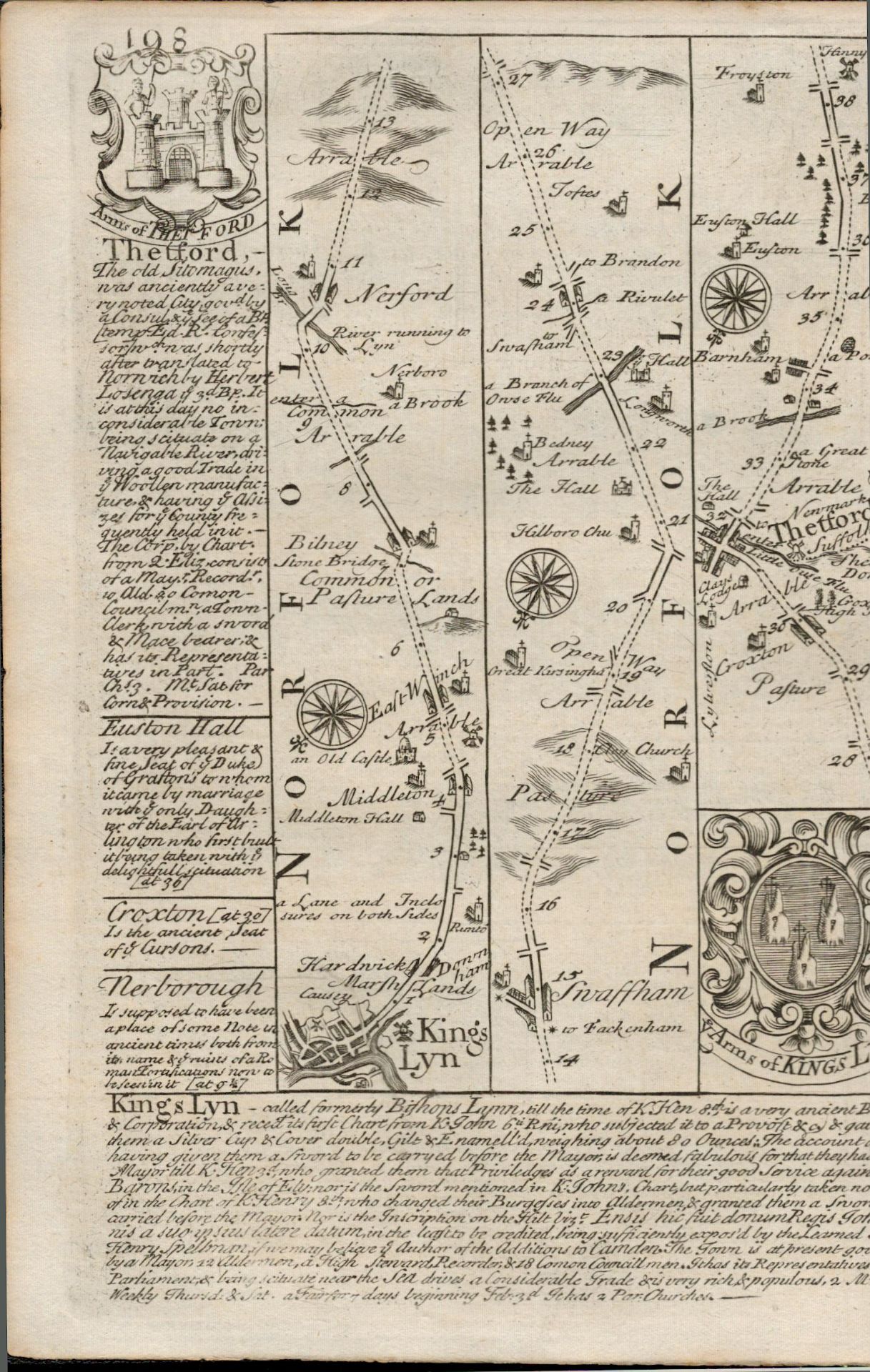 Britannia Depicta E Bowen c1730 Map Kings Lynn, Swaffham, Thetford Ipswich. - Image 2 of 2