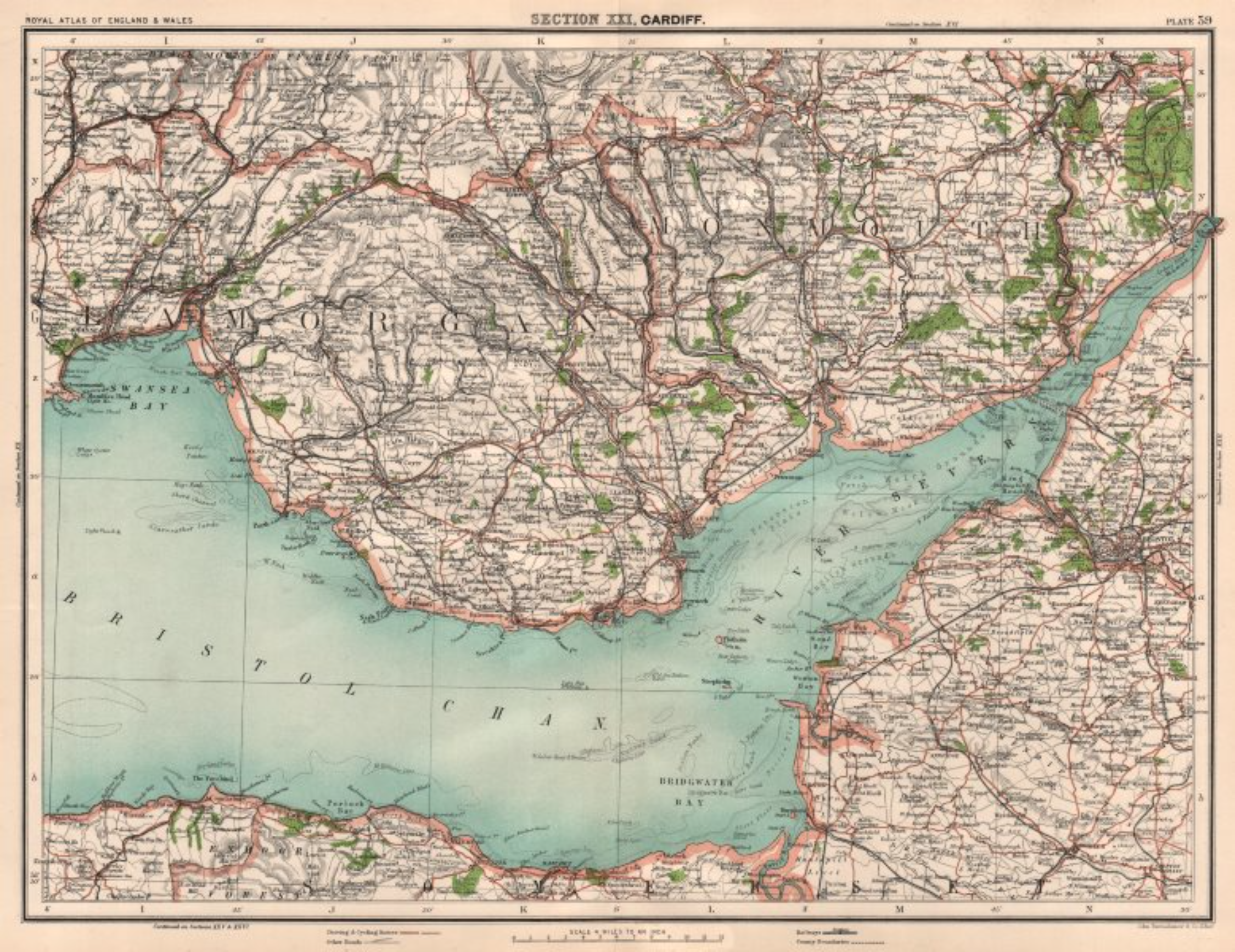 Victorian 1897 Map Severn Estuary Bristol Channel South Wales Valleys Somerset.