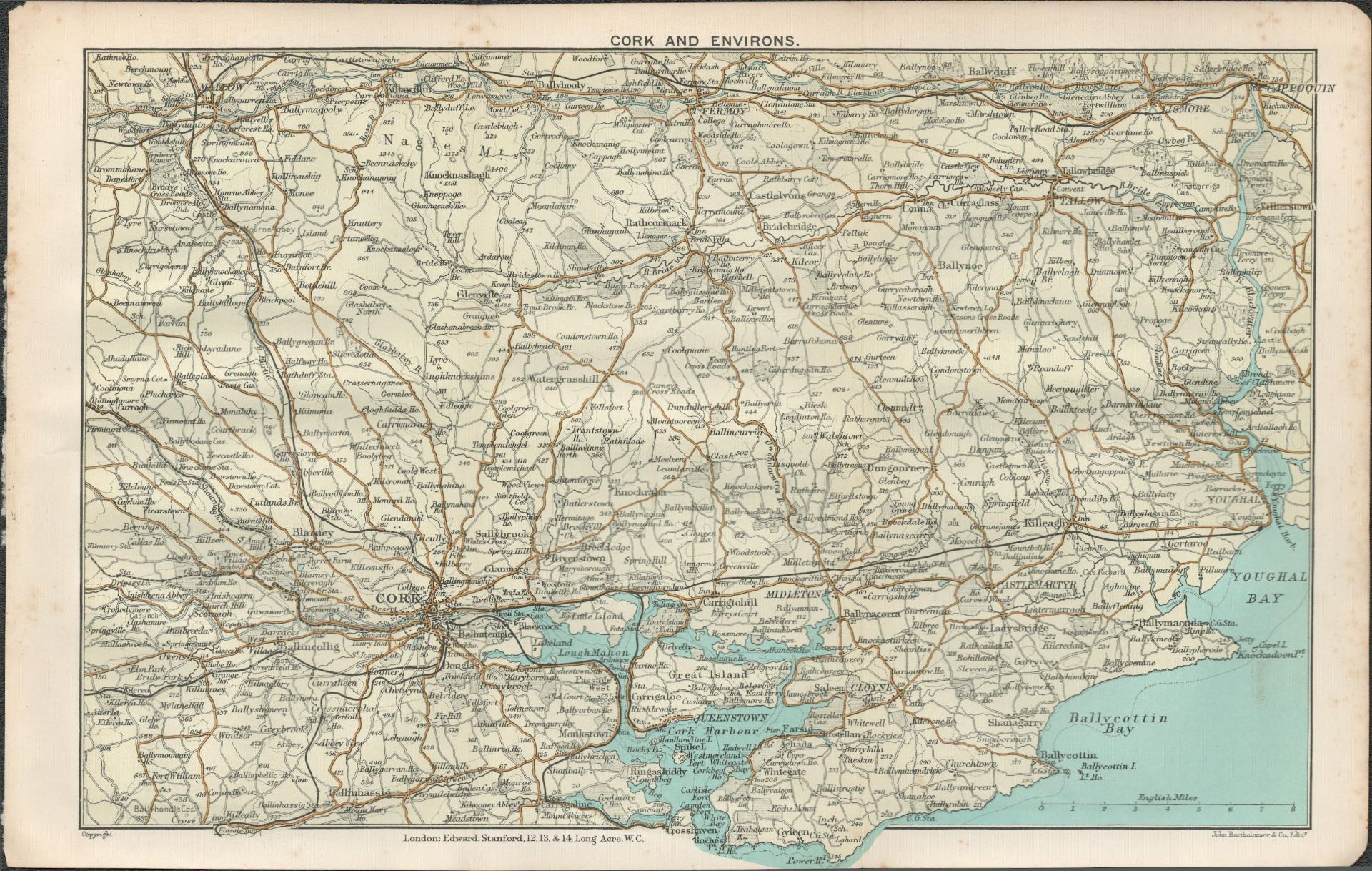 Ireland Cork County And Environs Detailed Antique Coloured Map.