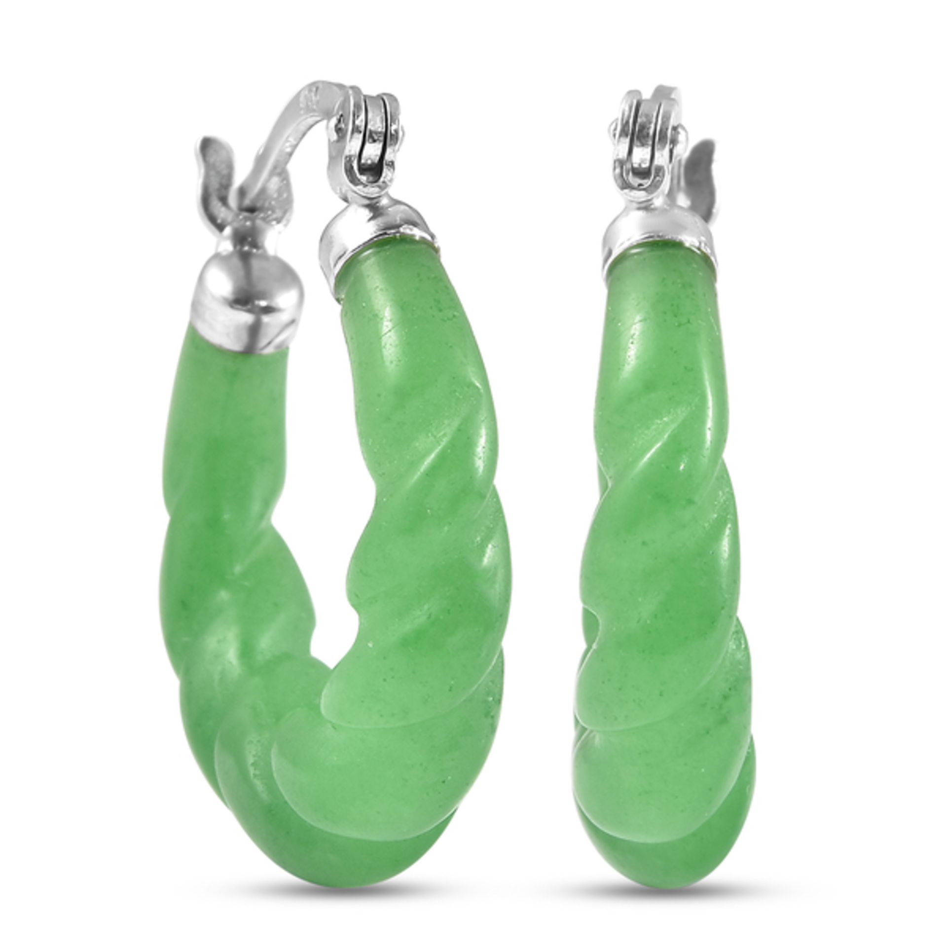 New! Designer Inspired- Carved Green Jade Twisted Earrings In Sterling Silver - Image 2 of 3