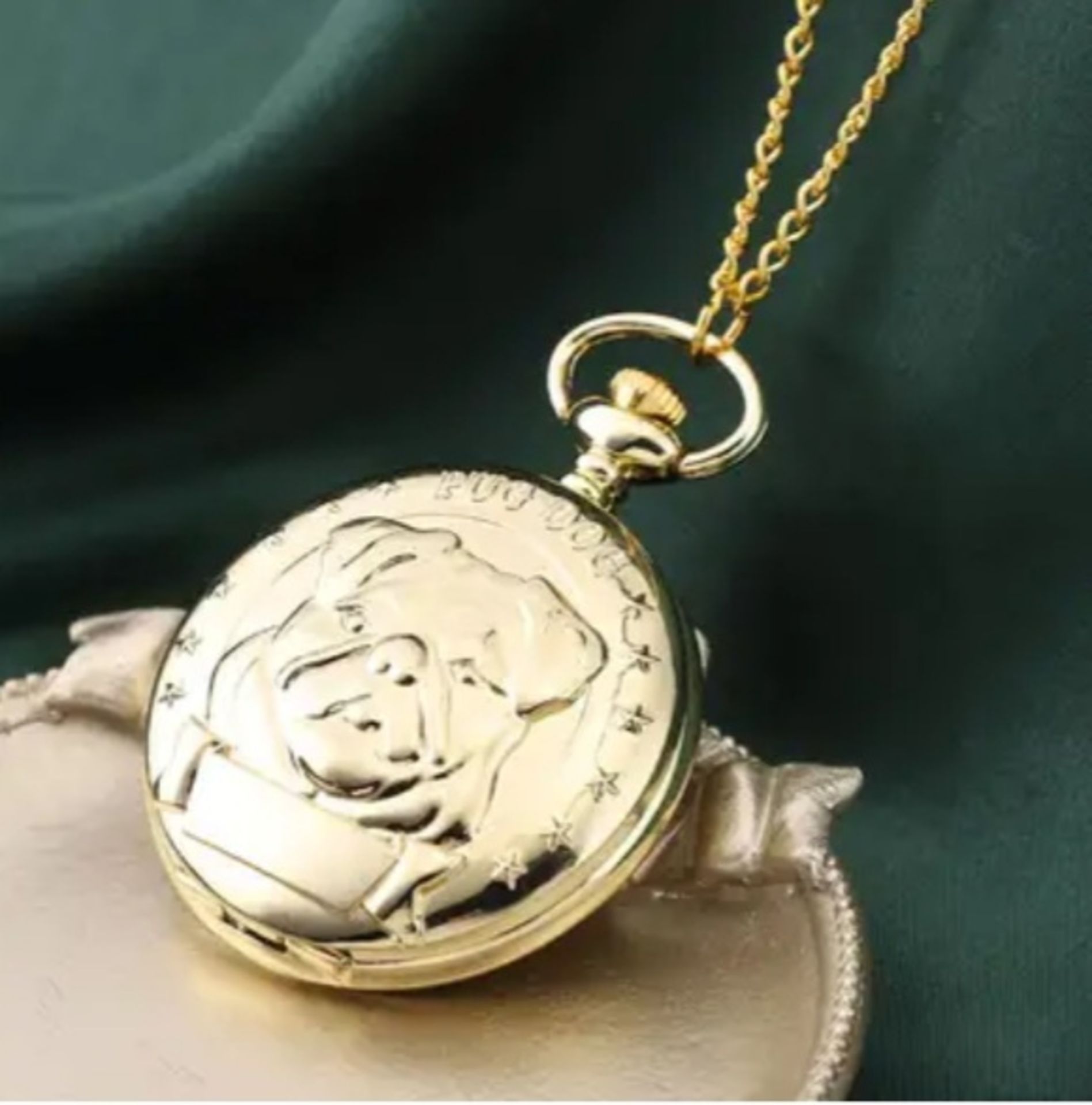 New! STRADA Japan Movement Pug Dog Pattern Gold Plated Pocket Watch