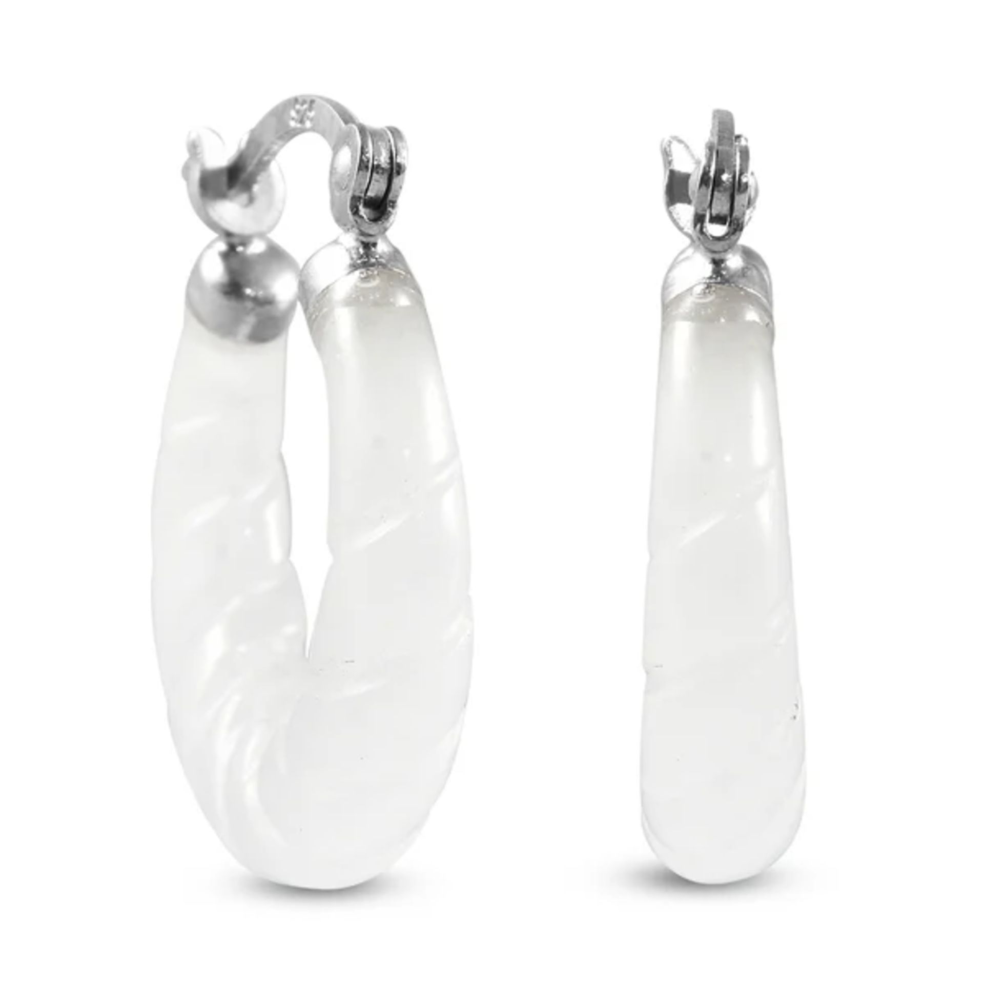 New! Designer Inspired - Carved White Jade Twisted Earrings In Sterling Silver