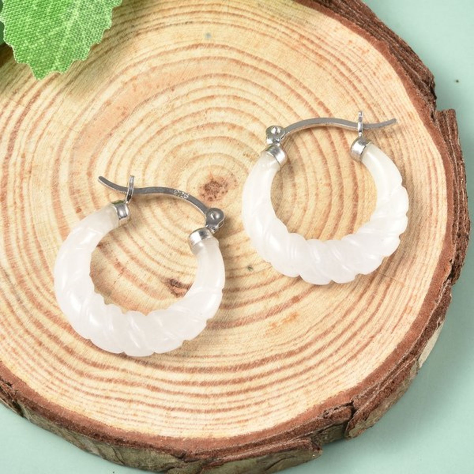 New! Designer Inspired - Carved White Jade Twisted Earrings In Sterling Silver - Image 2 of 3