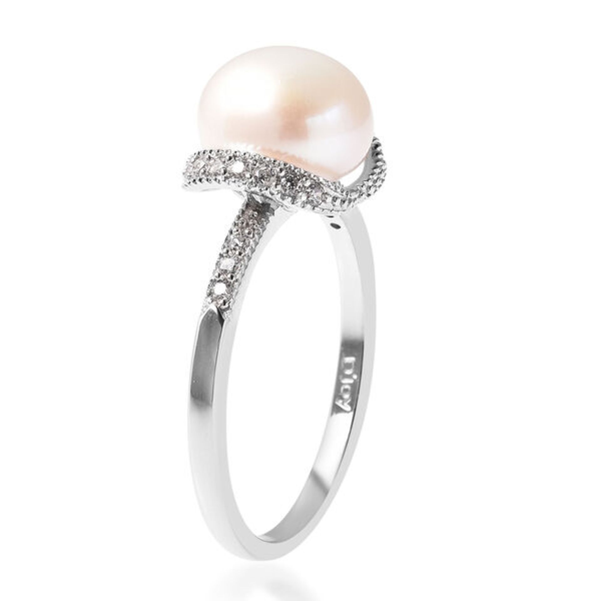 New! Freshwater White Pearl and Simulated Diamond Ring In Rhodium Overlay - Image 2 of 3