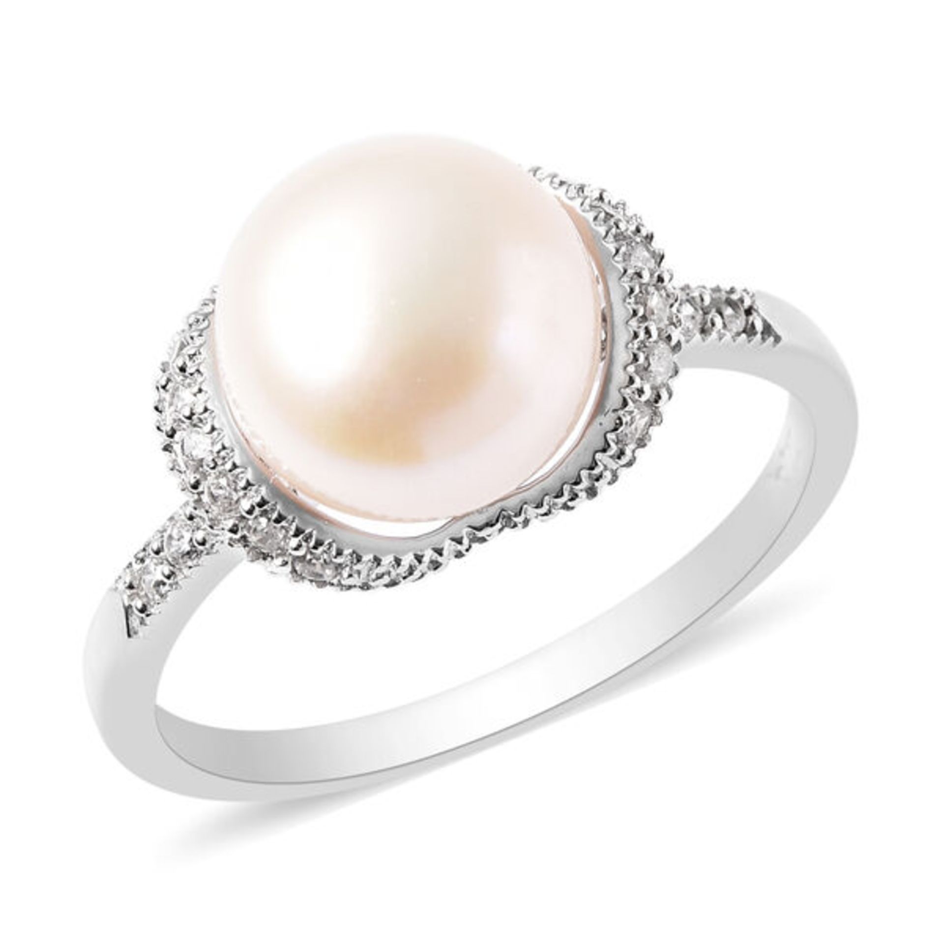 New! Freshwater White Pearl and Simulated Diamond Ring In Rhodium Overlay