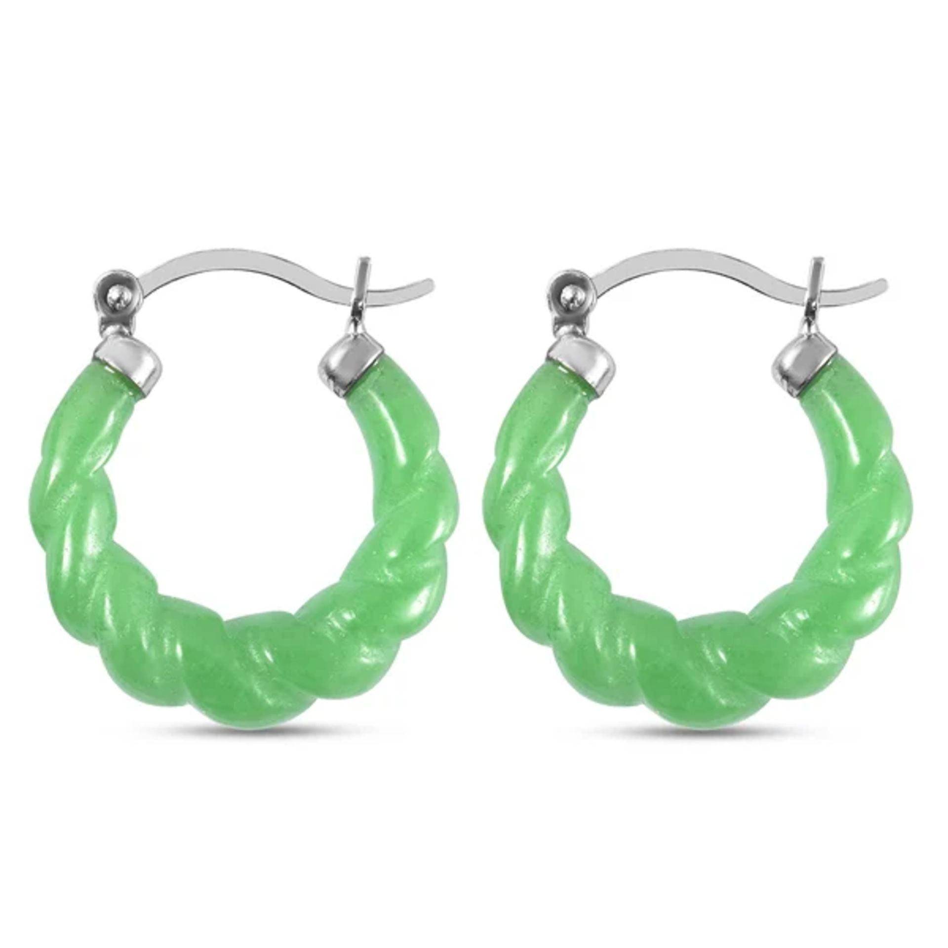 New! Designer Inspired- Carved Green Jade Twisted Earrings In Sterling Silver - Image 3 of 3