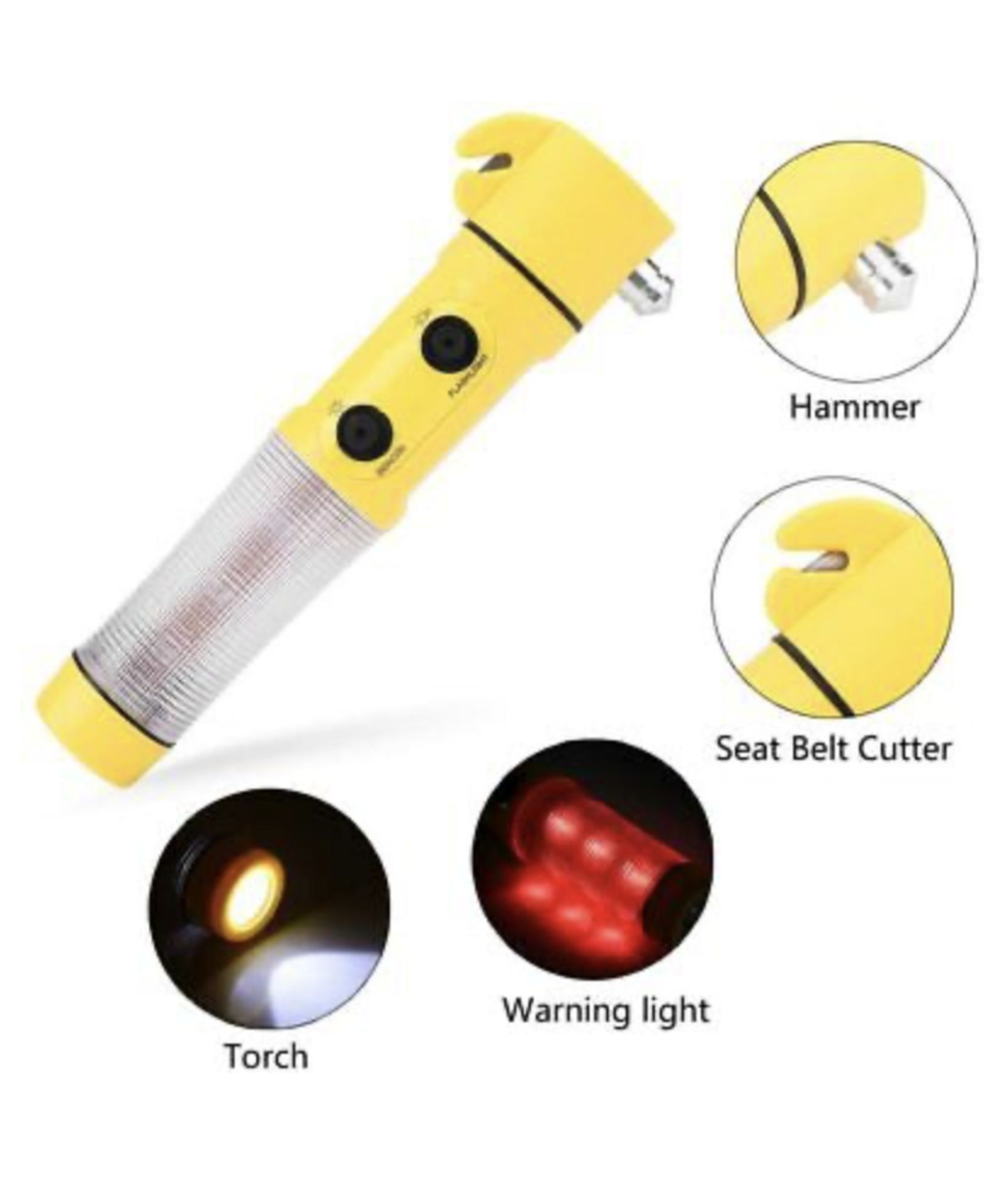 AA 3-In-1 Emergency Beacon, Flashlight, Seat Belt Cutter and Glass Hammer