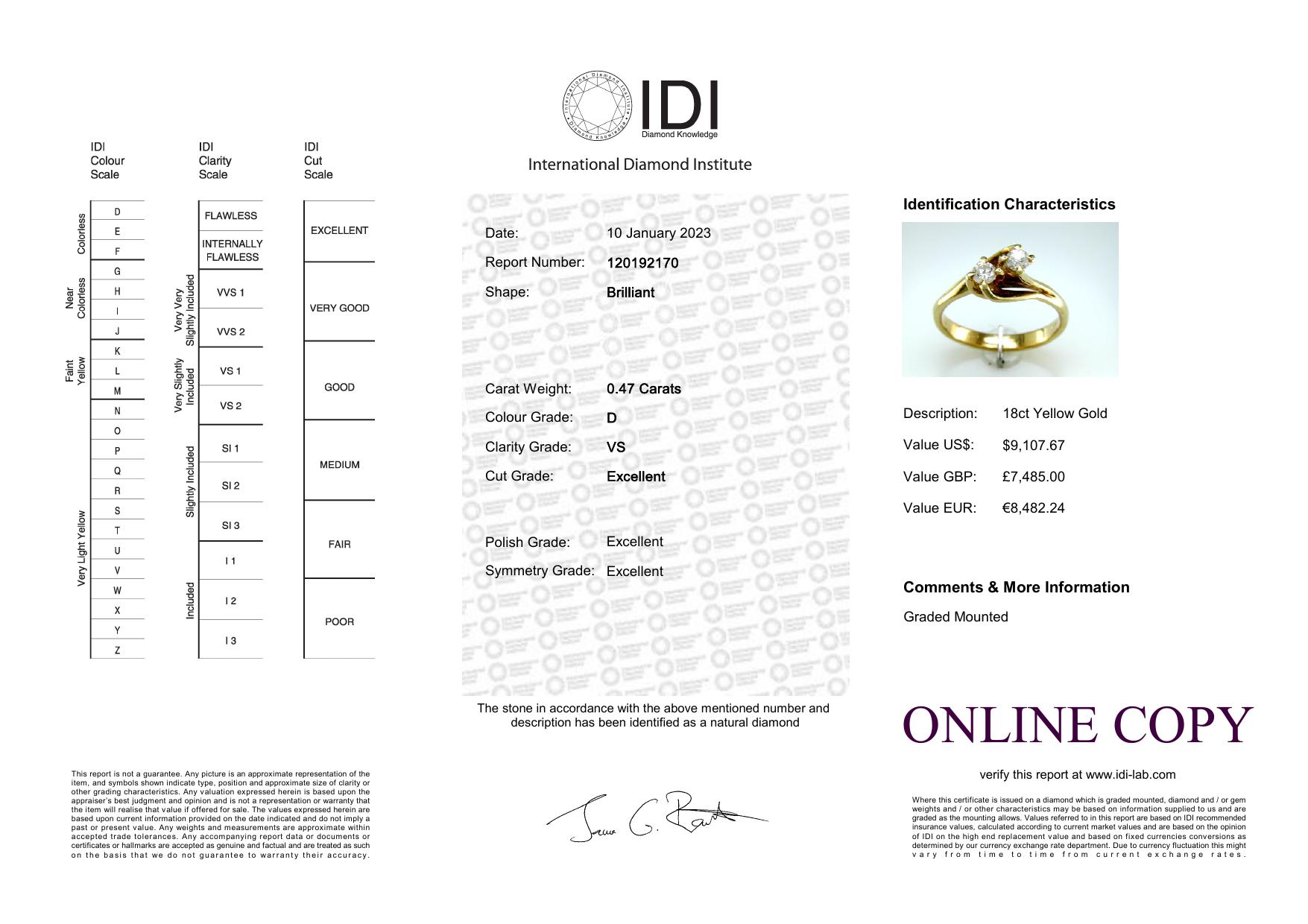 18ct Two Stone Cross Over Claw Set Diamond Ring 0.47 Carats - Image 8 of 8