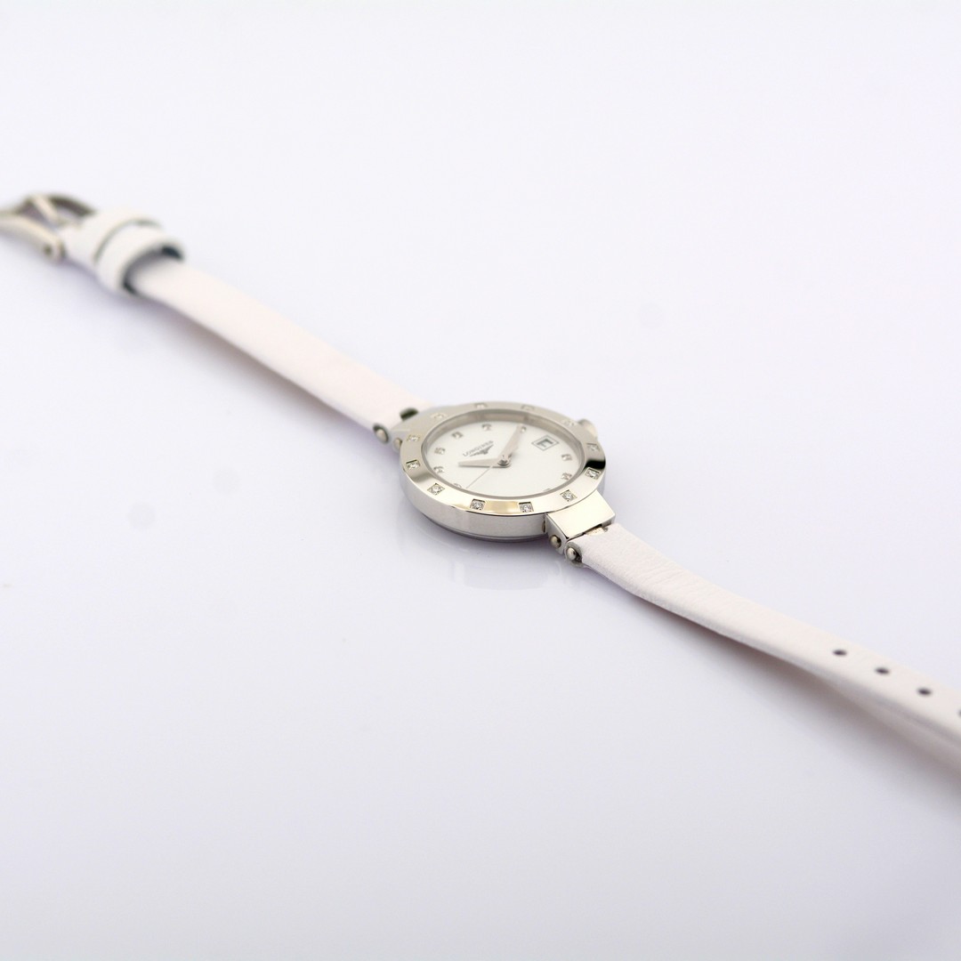 Longines / L5.175 Diamond Bezel, Diamond Case White Leather Strap - Lady's Steel Wristwatch - Image 6 of 9