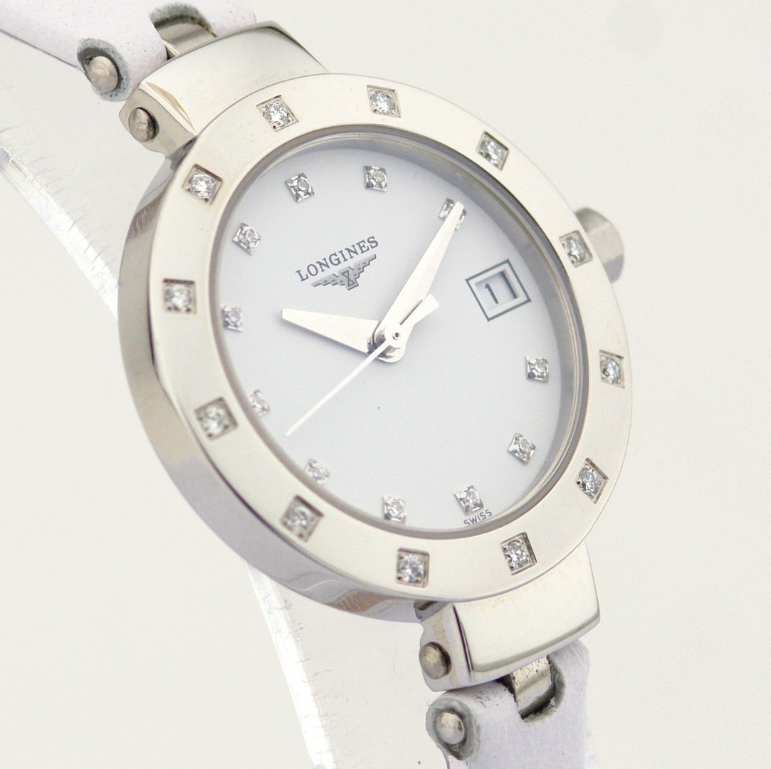 Longines / L5.175 Diamond Bezel, Diamond Case White Leather Strap - Lady's Steel Wristwatch - Image 3 of 9