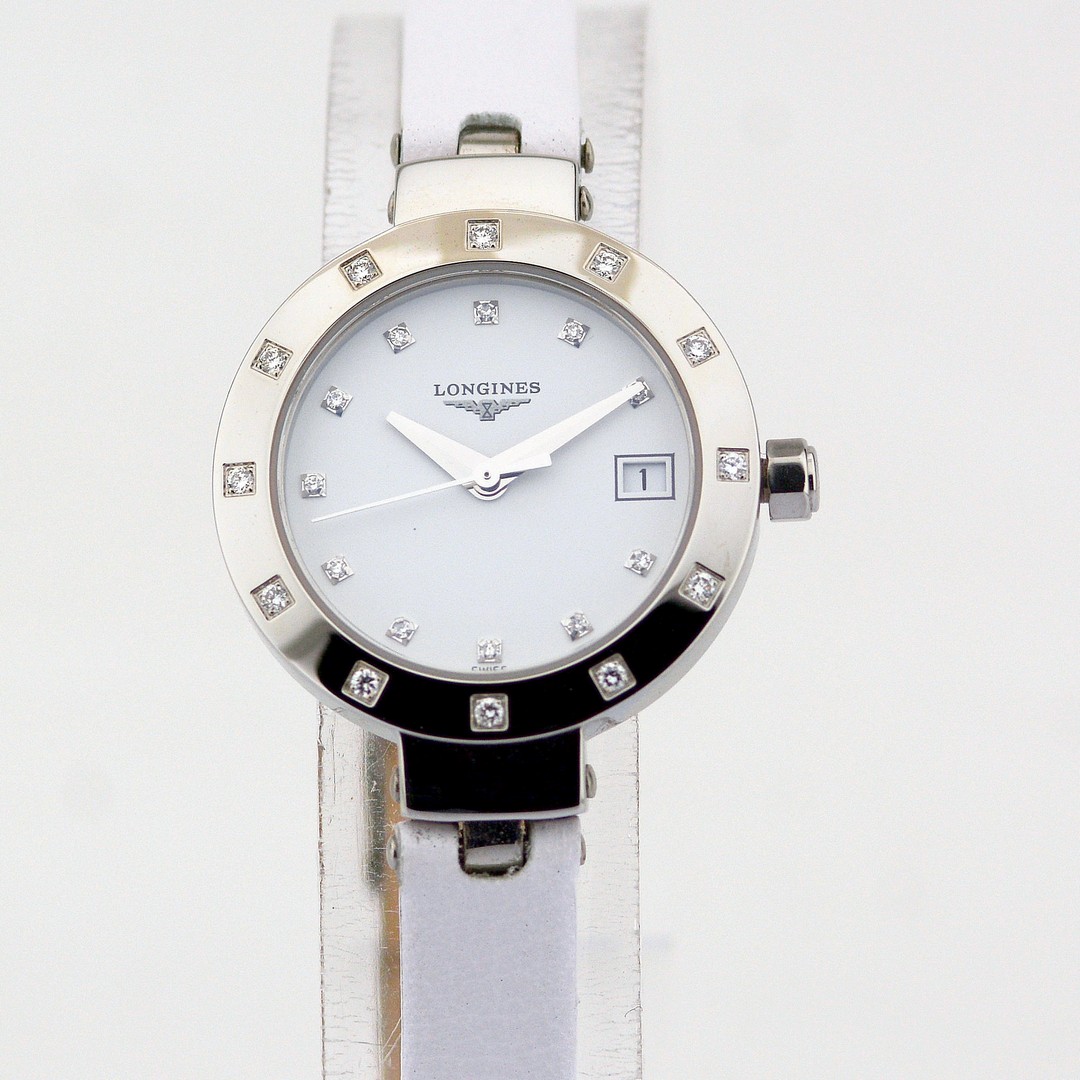 Longines / L5.175 Diamond Bezel, Diamond Case White Leather Strap - Lady's Steel Wristwatch - Image 8 of 9