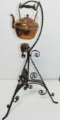 Antique Copper Spirit Kettle on Wrought Iron Stand