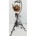 Antique Copper Spirit Kettle on Wrought Iron Stand