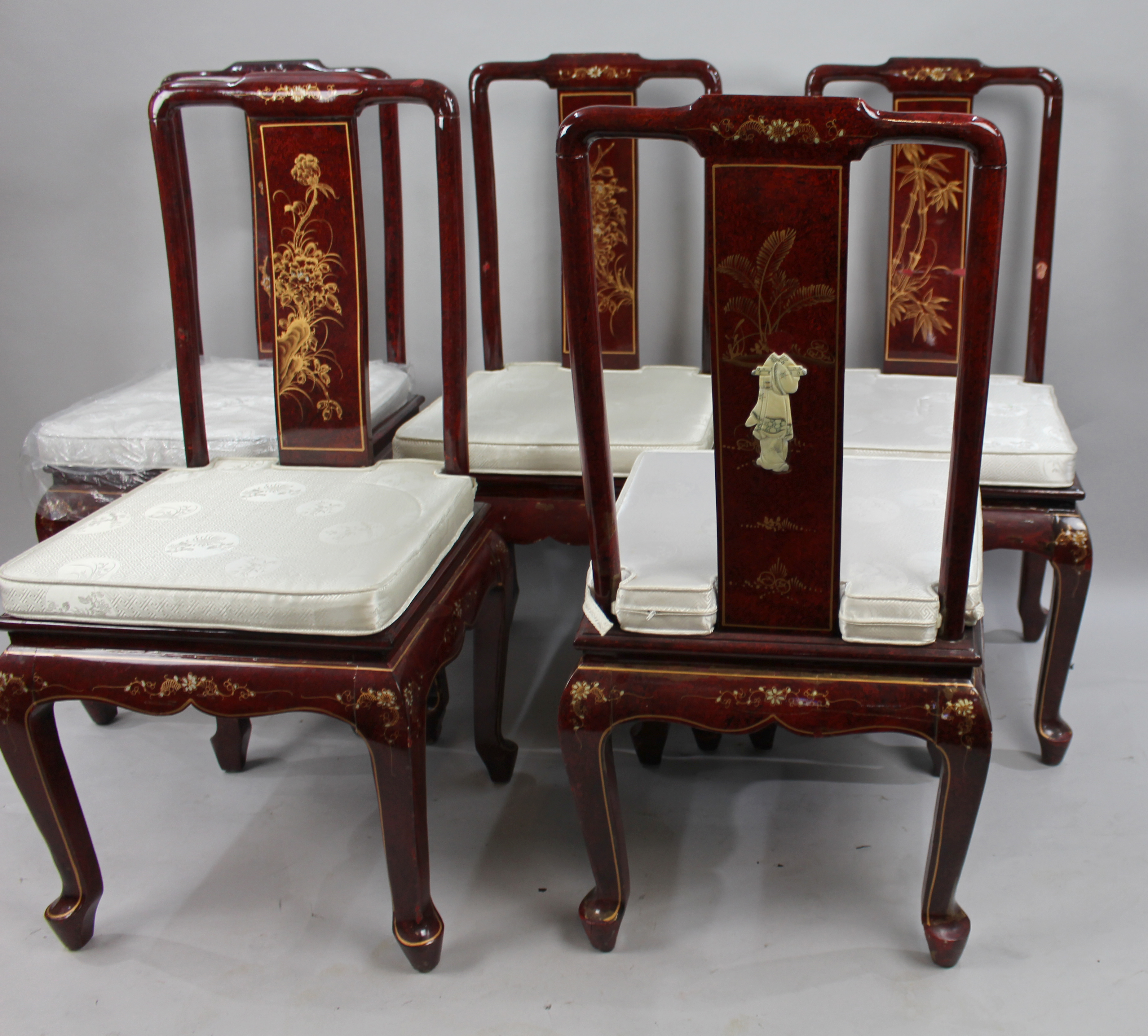 Set of 5 Vintage Red Lacquer Shibayama Dining Chairs - Image 2 of 2